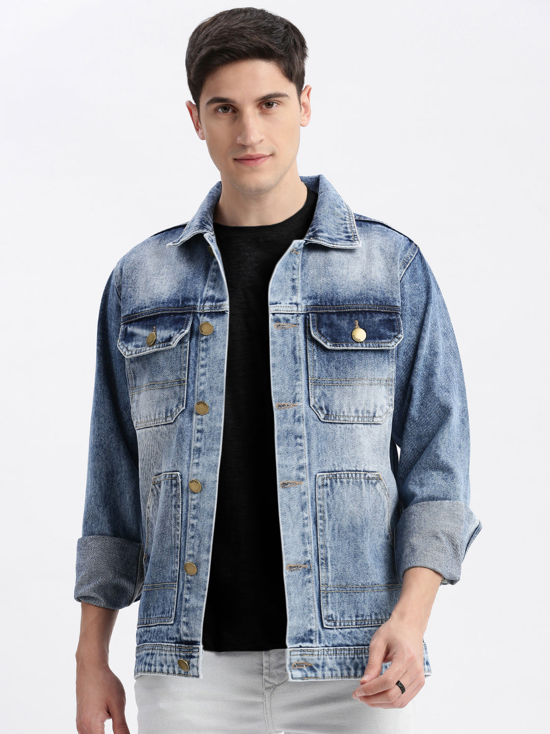 Men Solid Spread Collar Blue Denim Jacket