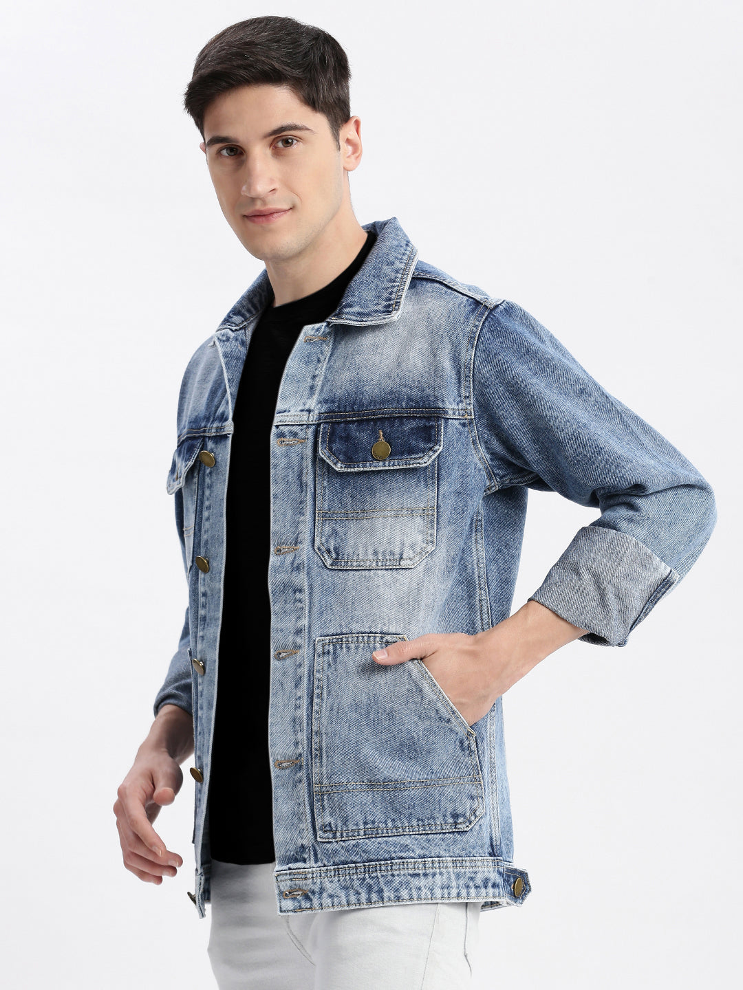 Men Solid Spread Collar Blue Denim Jacket