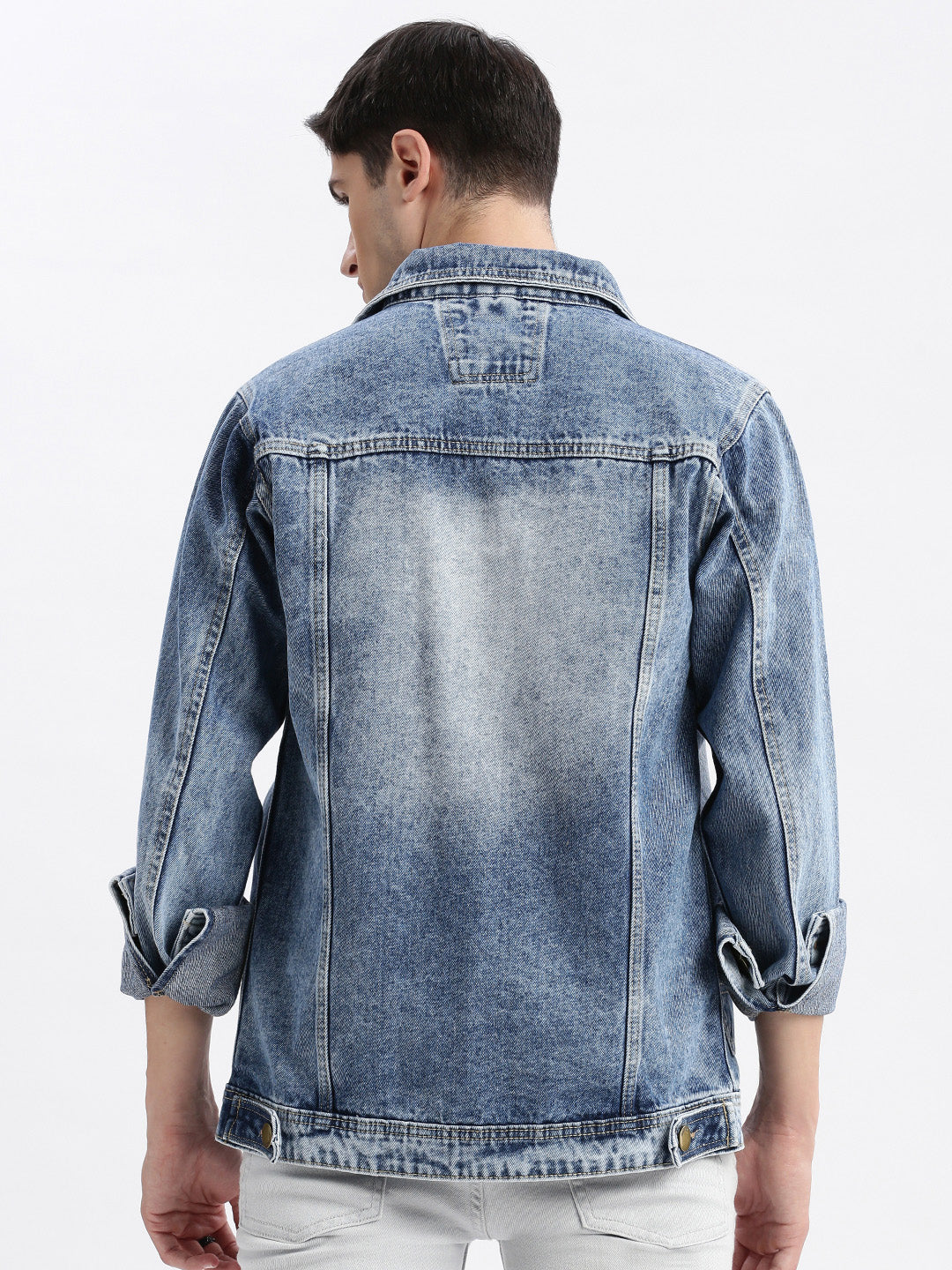 Men Solid Spread Collar Blue Denim Jacket