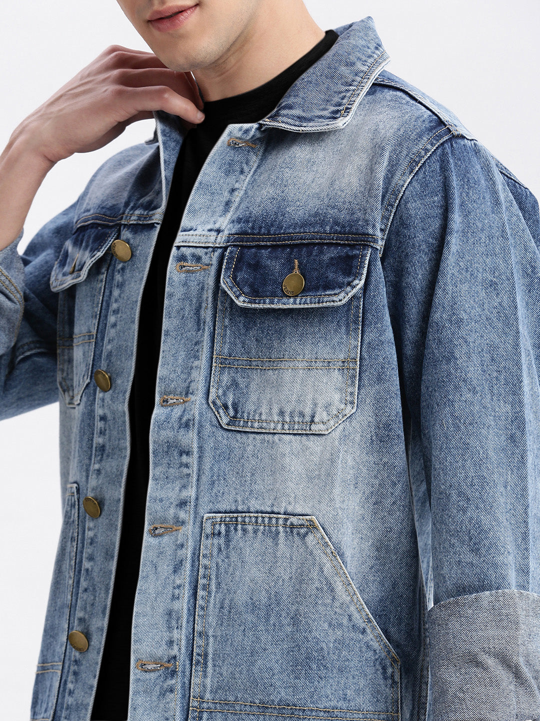 Men Solid Spread Collar Blue Denim Jacket