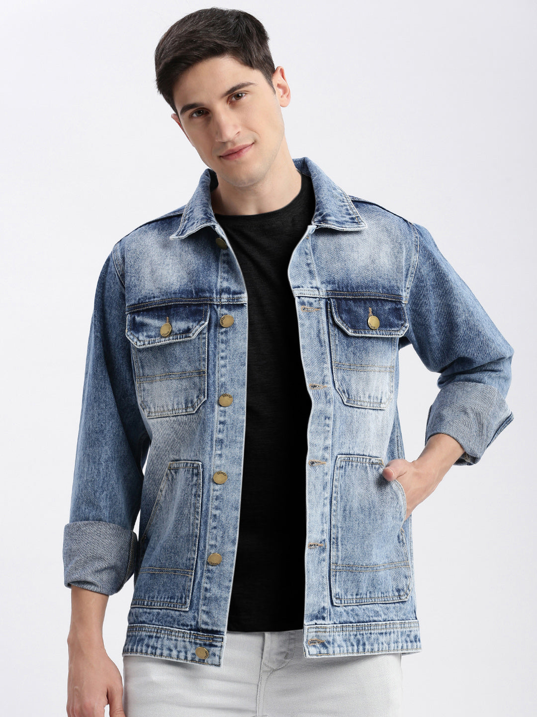 Men Solid Spread Collar Blue Denim Jacket