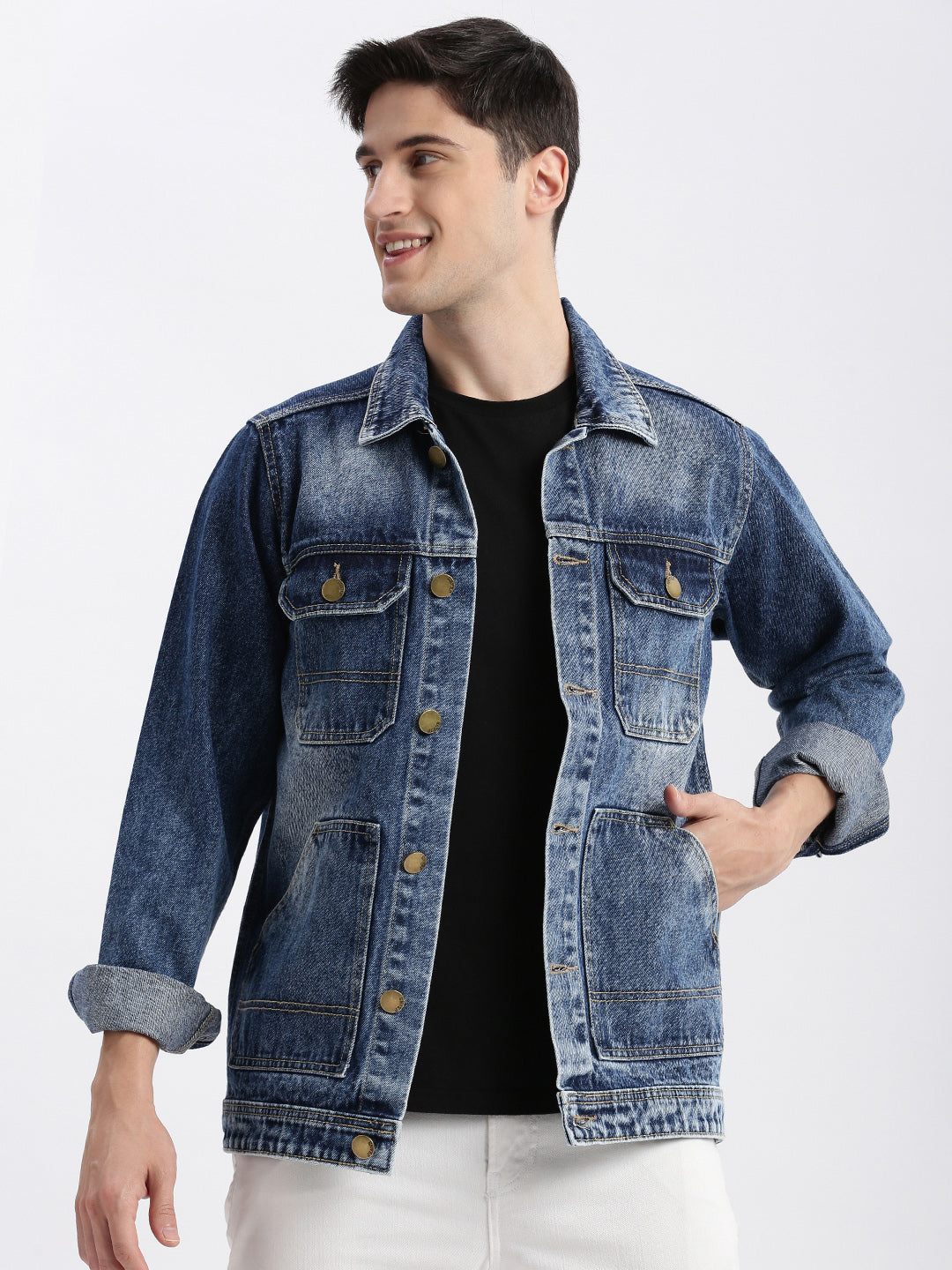 Men Solid Spread Collar Blue Denim Jacket