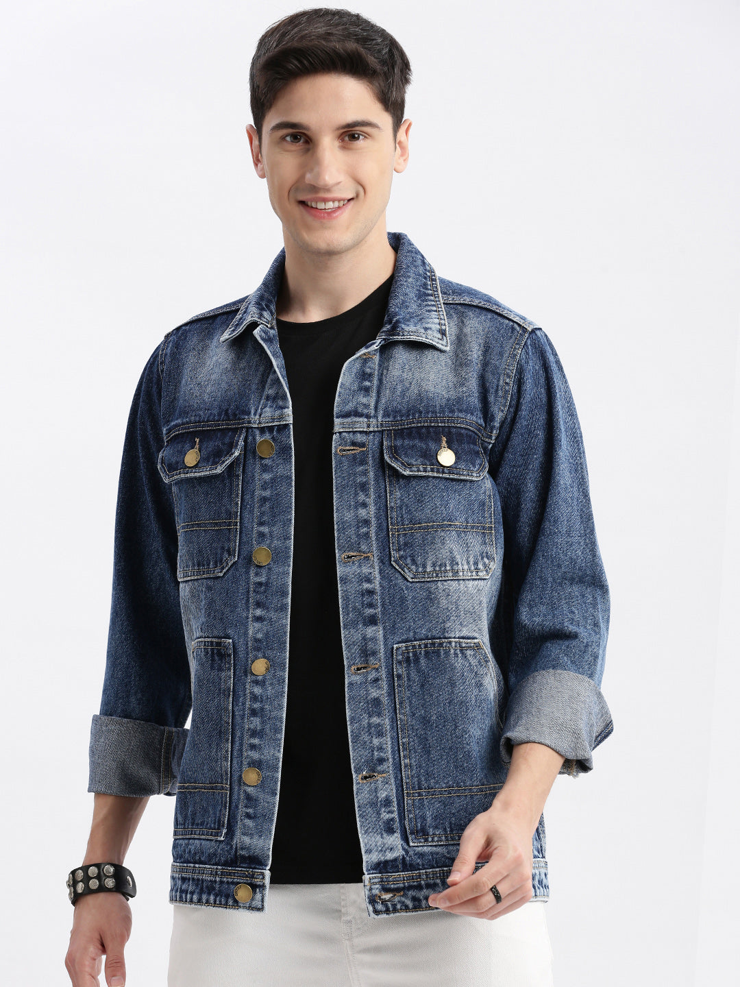 Men Solid Spread Collar Blue Denim Jacket