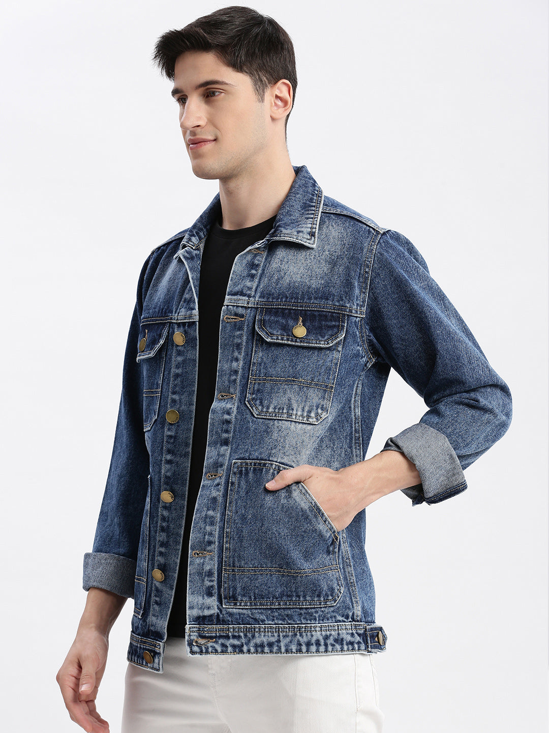 Men Solid Spread Collar Blue Denim Jacket