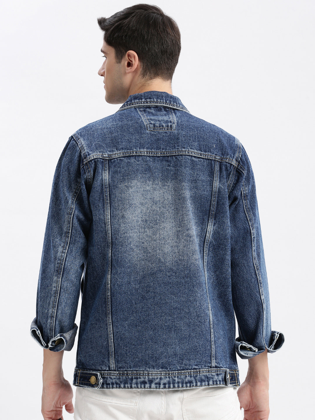 Men Solid Spread Collar Blue Denim Jacket