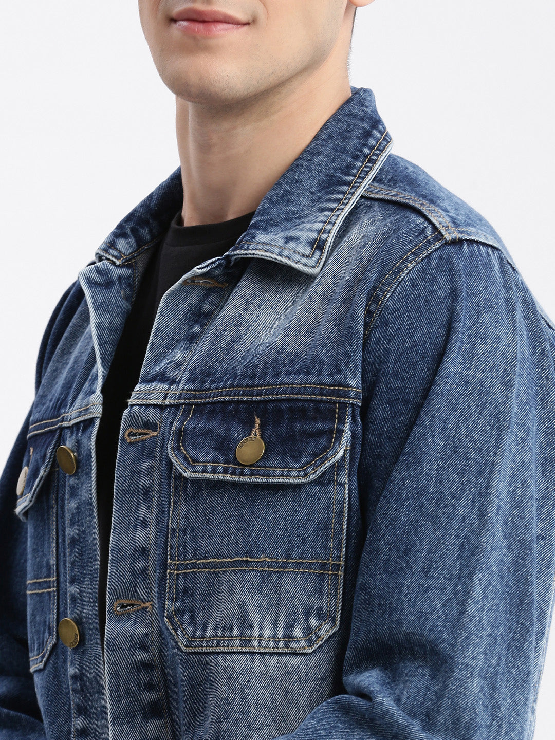 Men Solid Spread Collar Blue Denim Jacket