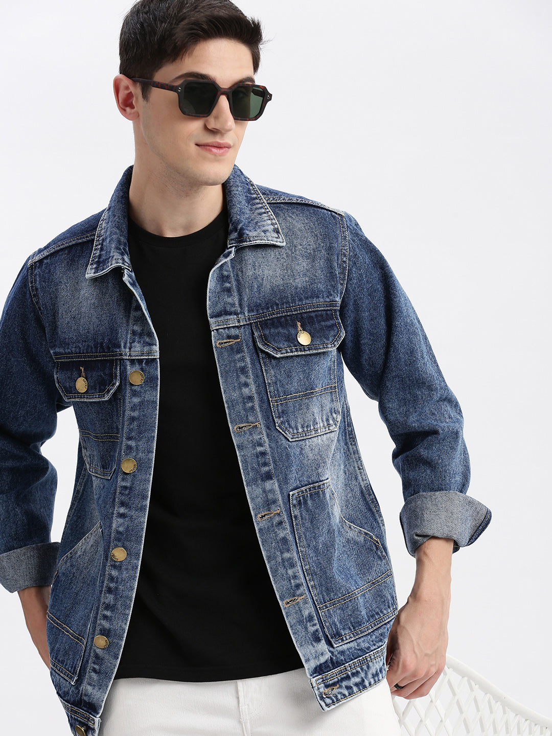 Men Solid Spread Collar Blue Denim Jacket