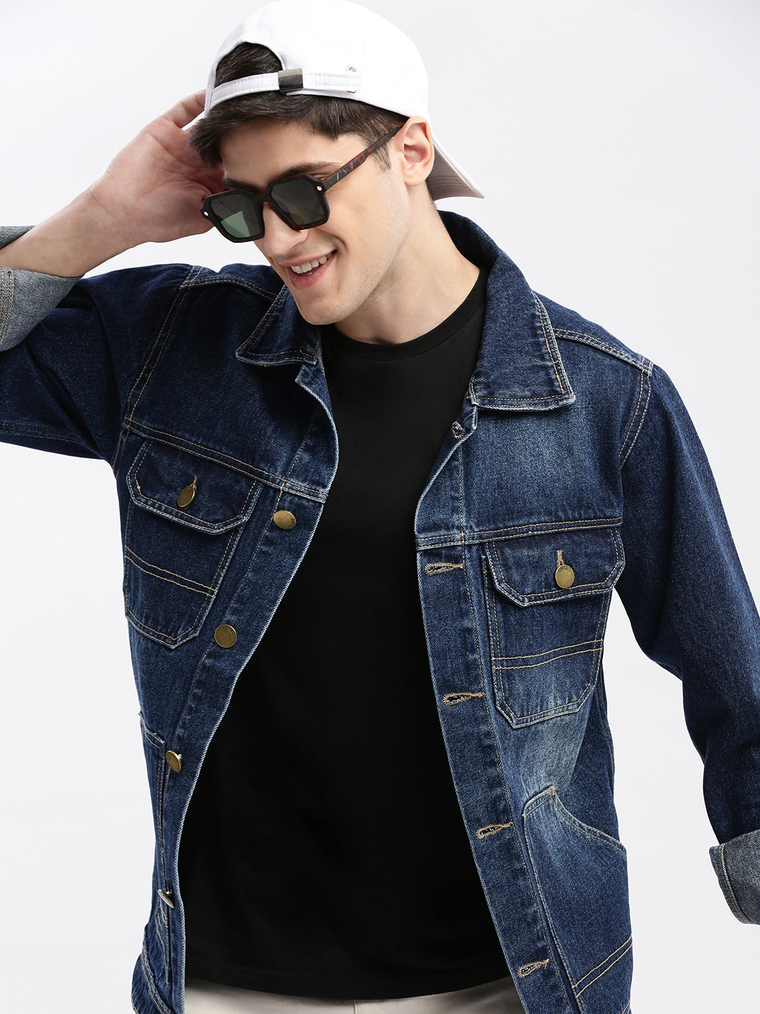 Men Solid Spread Collar Navy Blue Denim Jacket