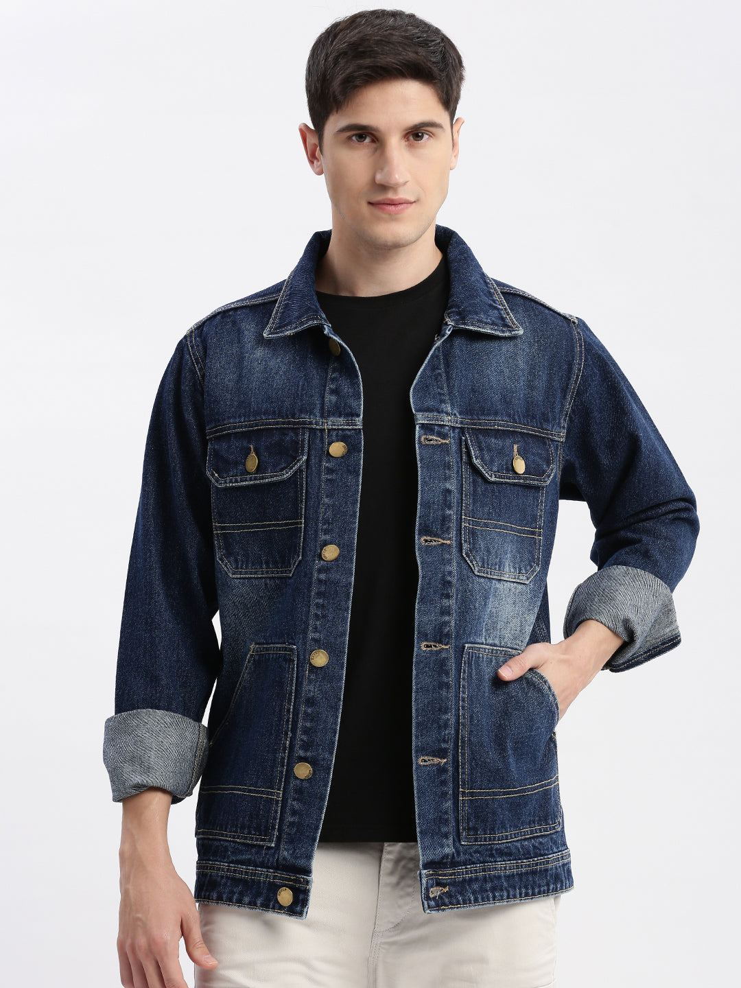 Men Solid Spread Collar Navy Blue Denim Jacket