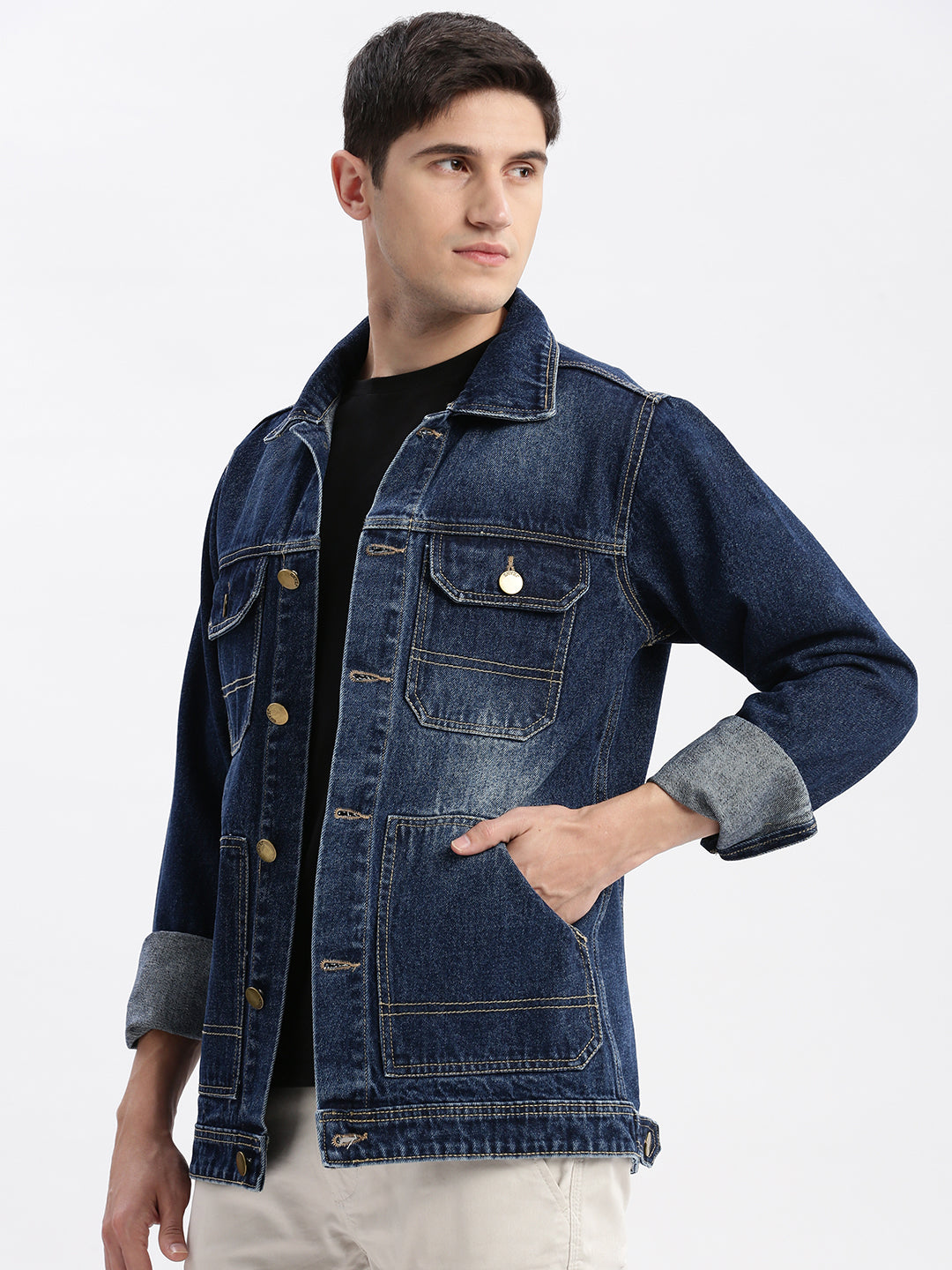 Men Solid Spread Collar Navy Blue Denim Jacket