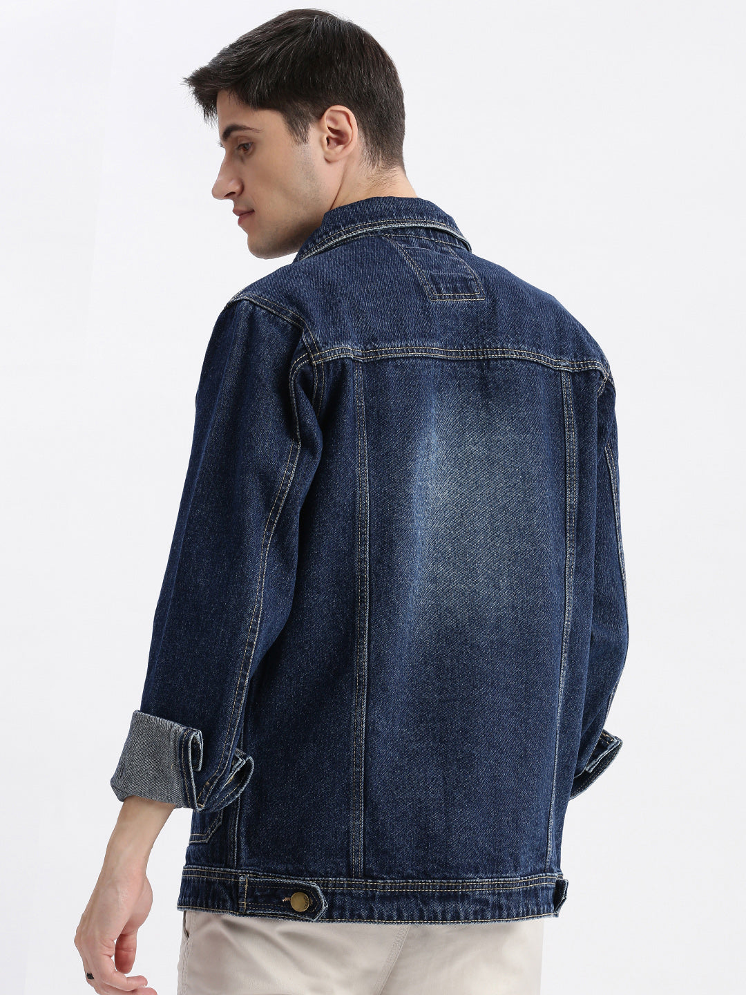 Men Solid Spread Collar Navy Blue Denim Jacket