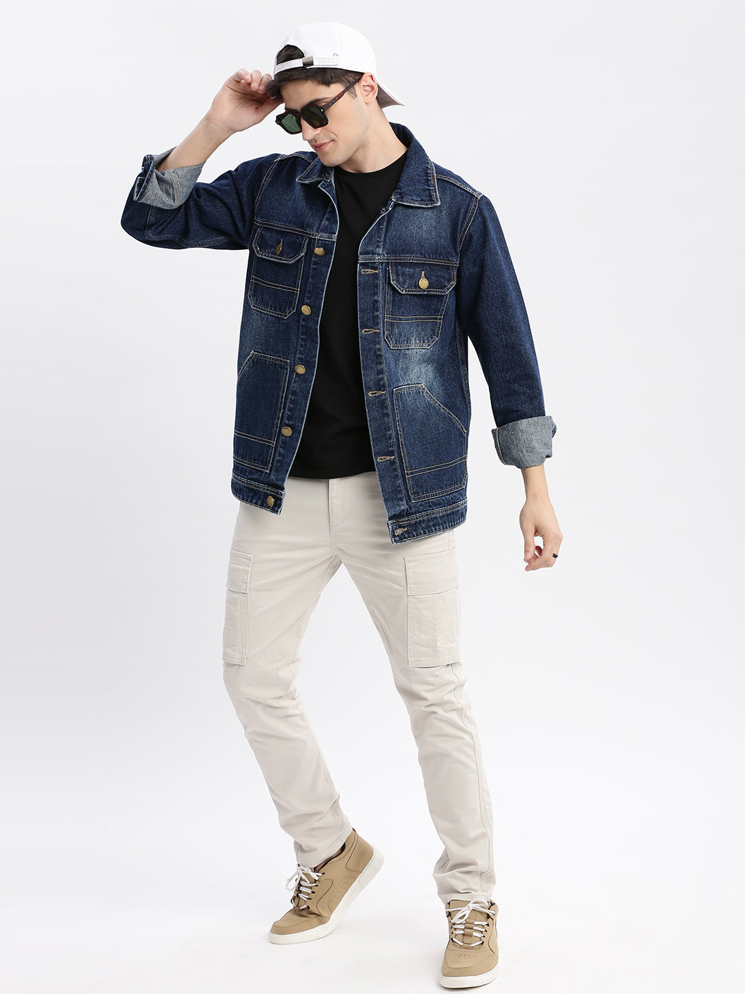 Men Solid Spread Collar Navy Blue Denim Jacket