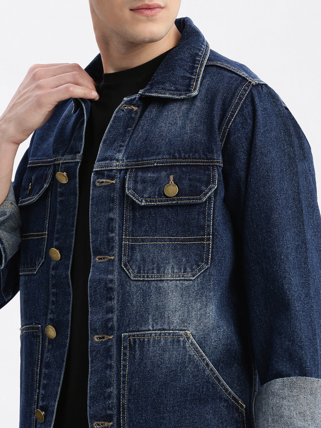 Men Solid Spread Collar Navy Blue Denim Jacket