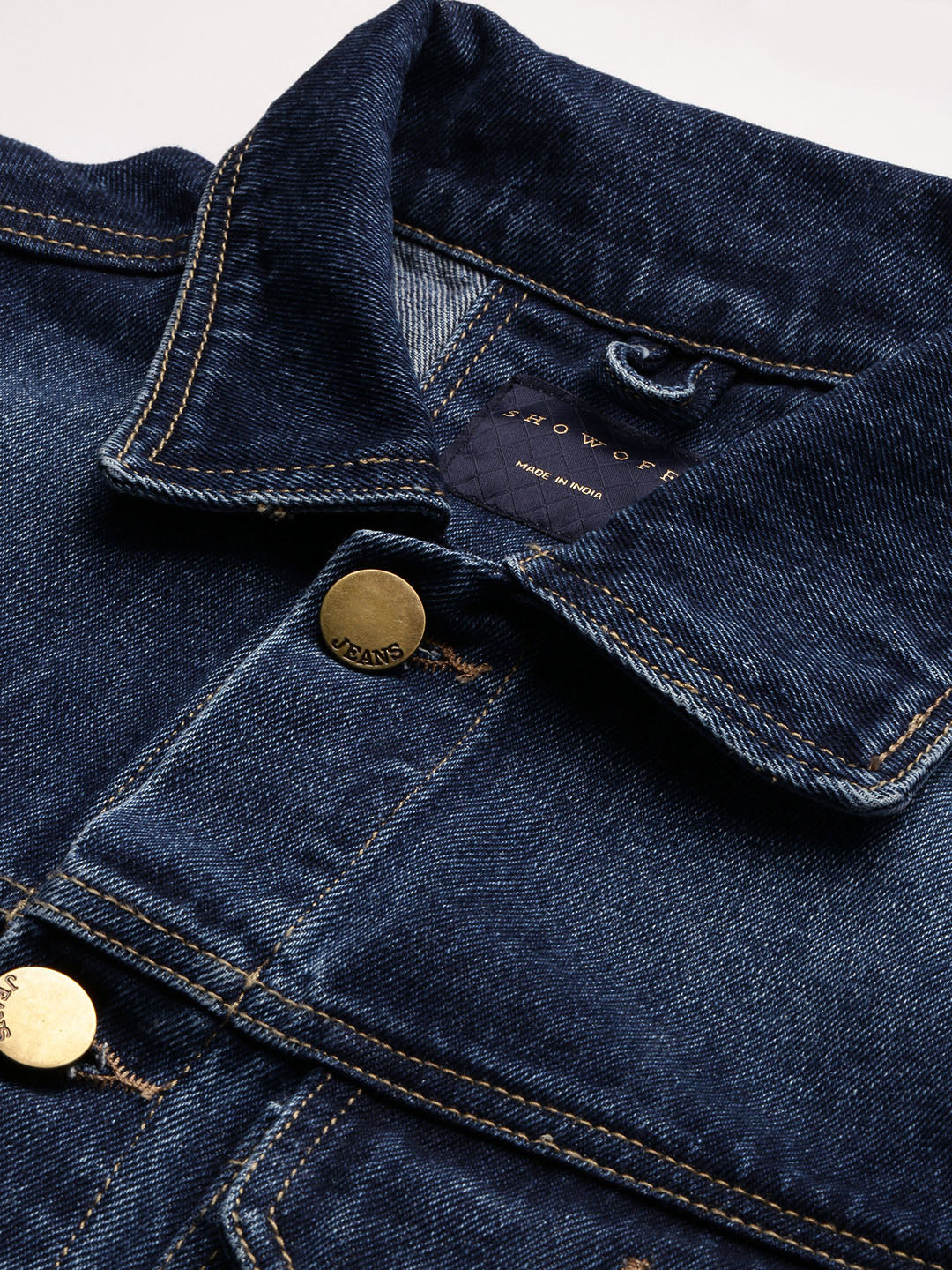 Men Solid Spread Collar Navy Blue Denim Jacket