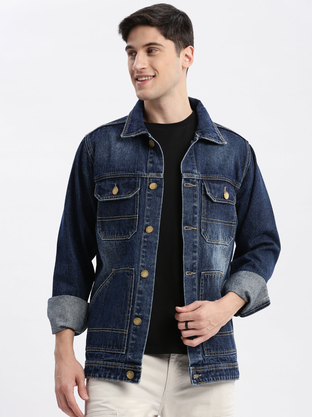 Men Solid Spread Collar Navy Blue Denim Jacket