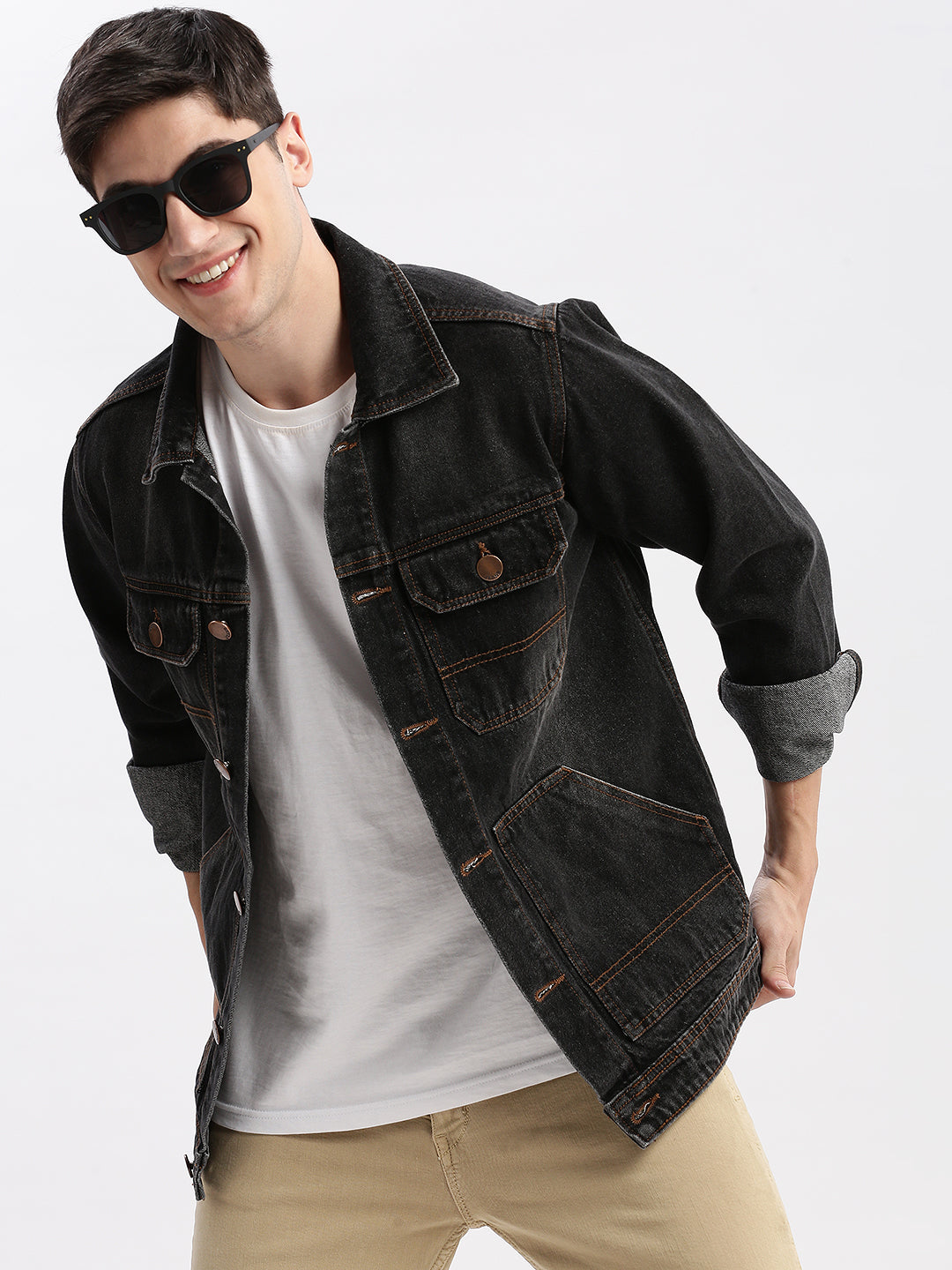 Men Solid Spread Collar Black Denim Jacket