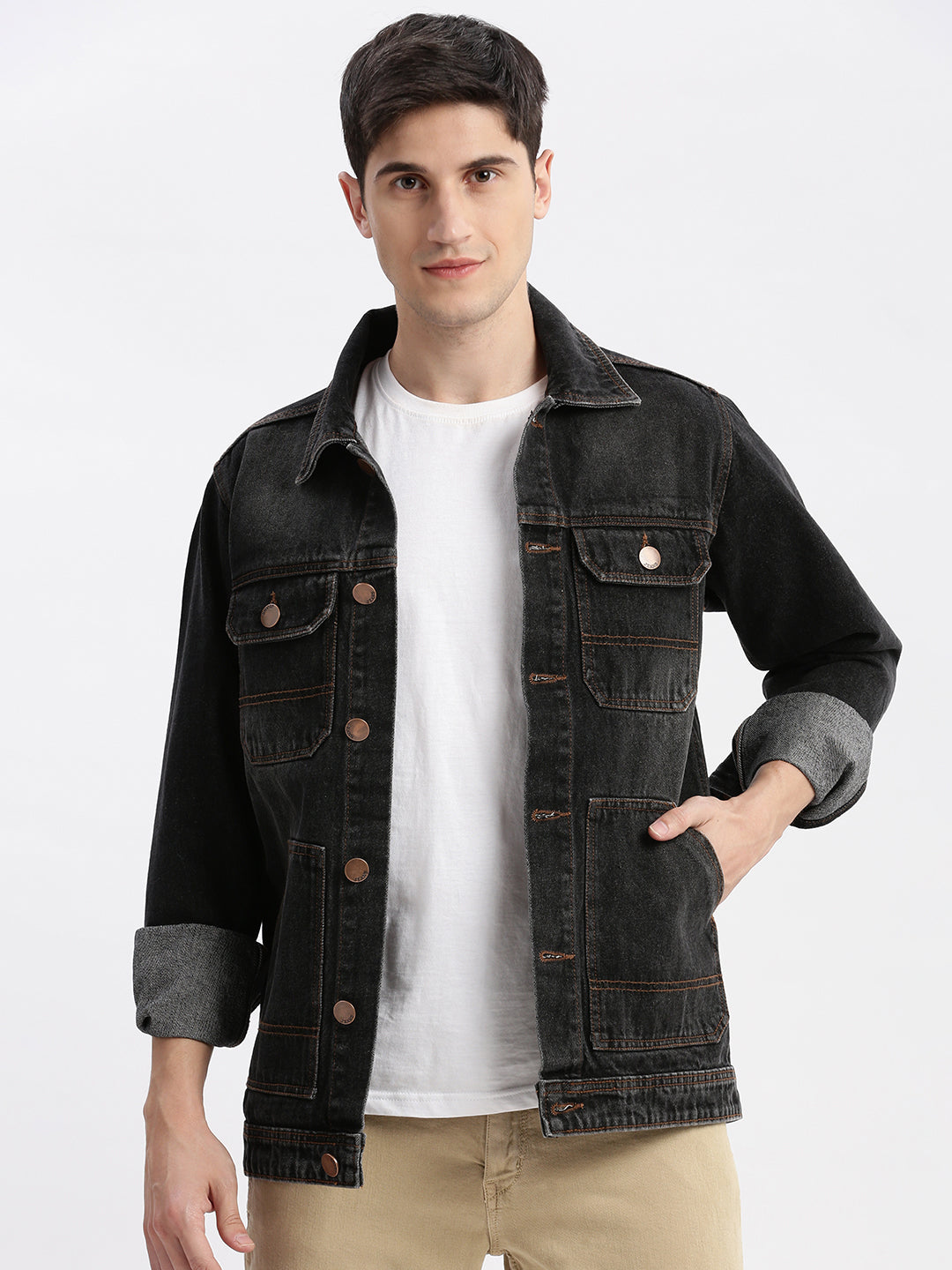 Men Solid Spread Collar Black Denim Jacket