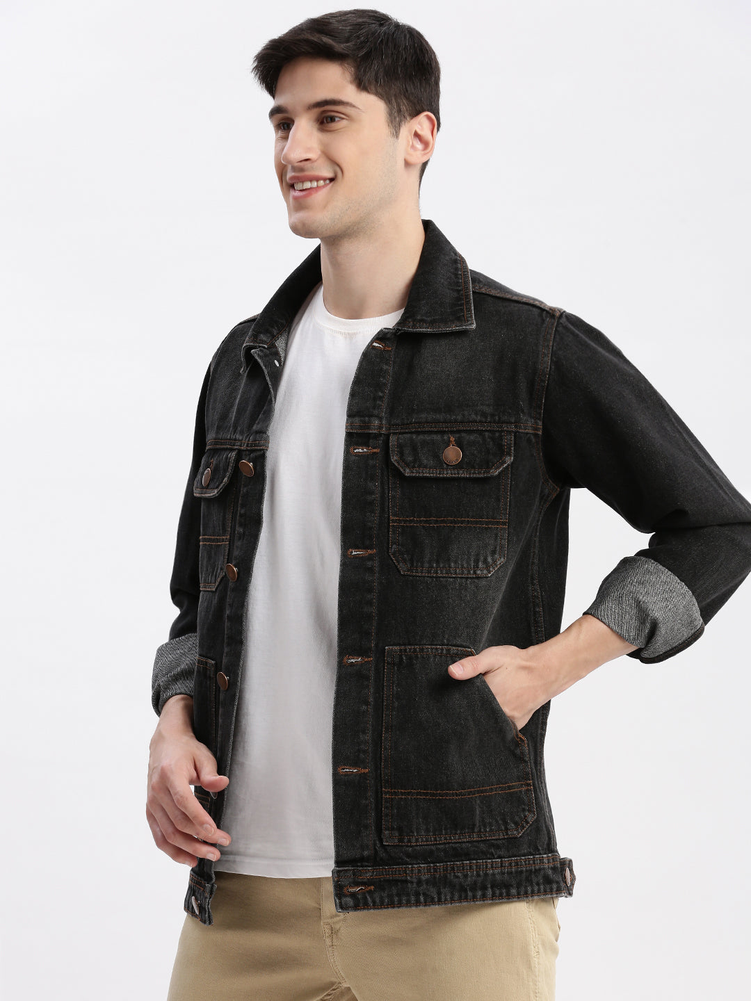 Men Solid Spread Collar Black Denim Jacket