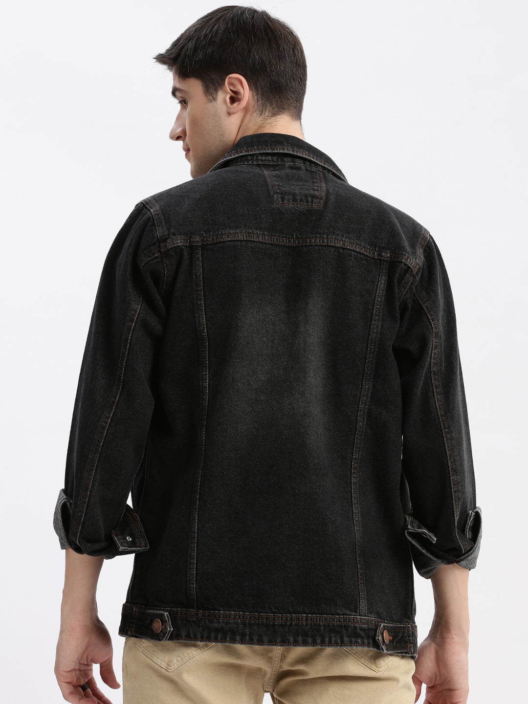 Men Solid Spread Collar Black Denim Jacket