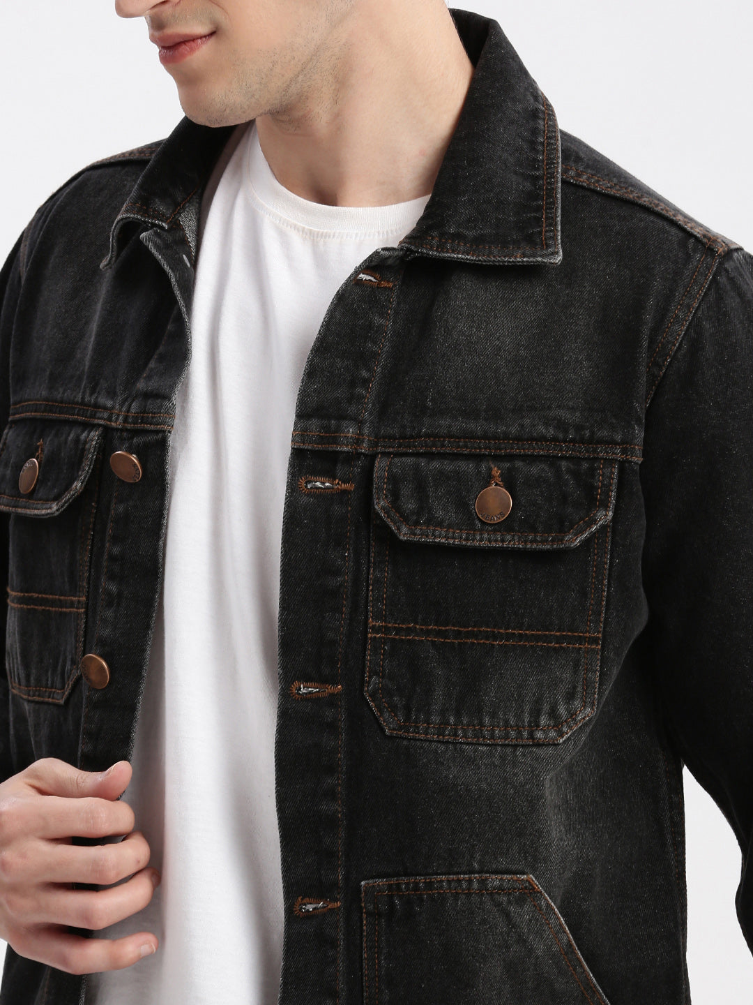 Men Solid Spread Collar Black Denim Jacket