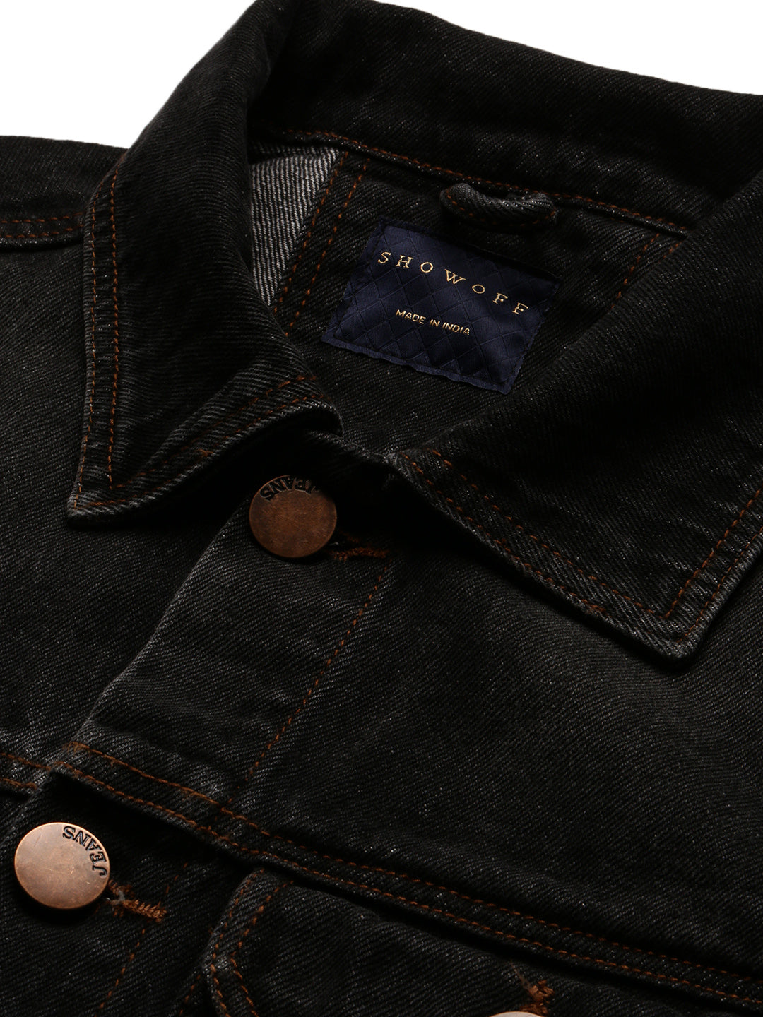 Men Solid Spread Collar Black Denim Jacket