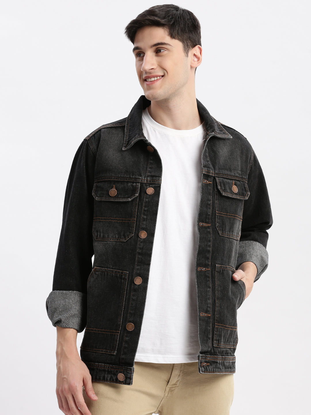 Men Solid Spread Collar Black Denim Jacket