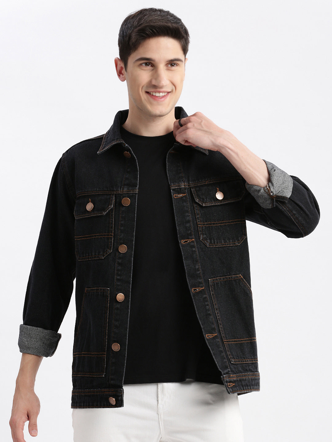 Men Solid Spread Collar Black Denim Jacket