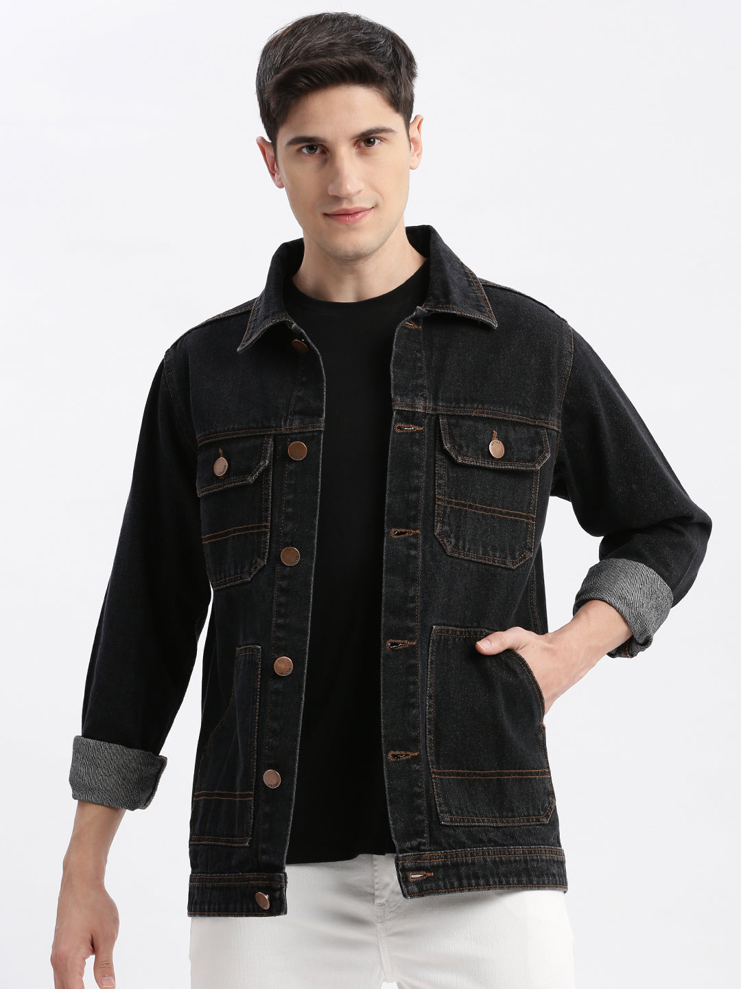 Men Solid Spread Collar Black Denim Jacket