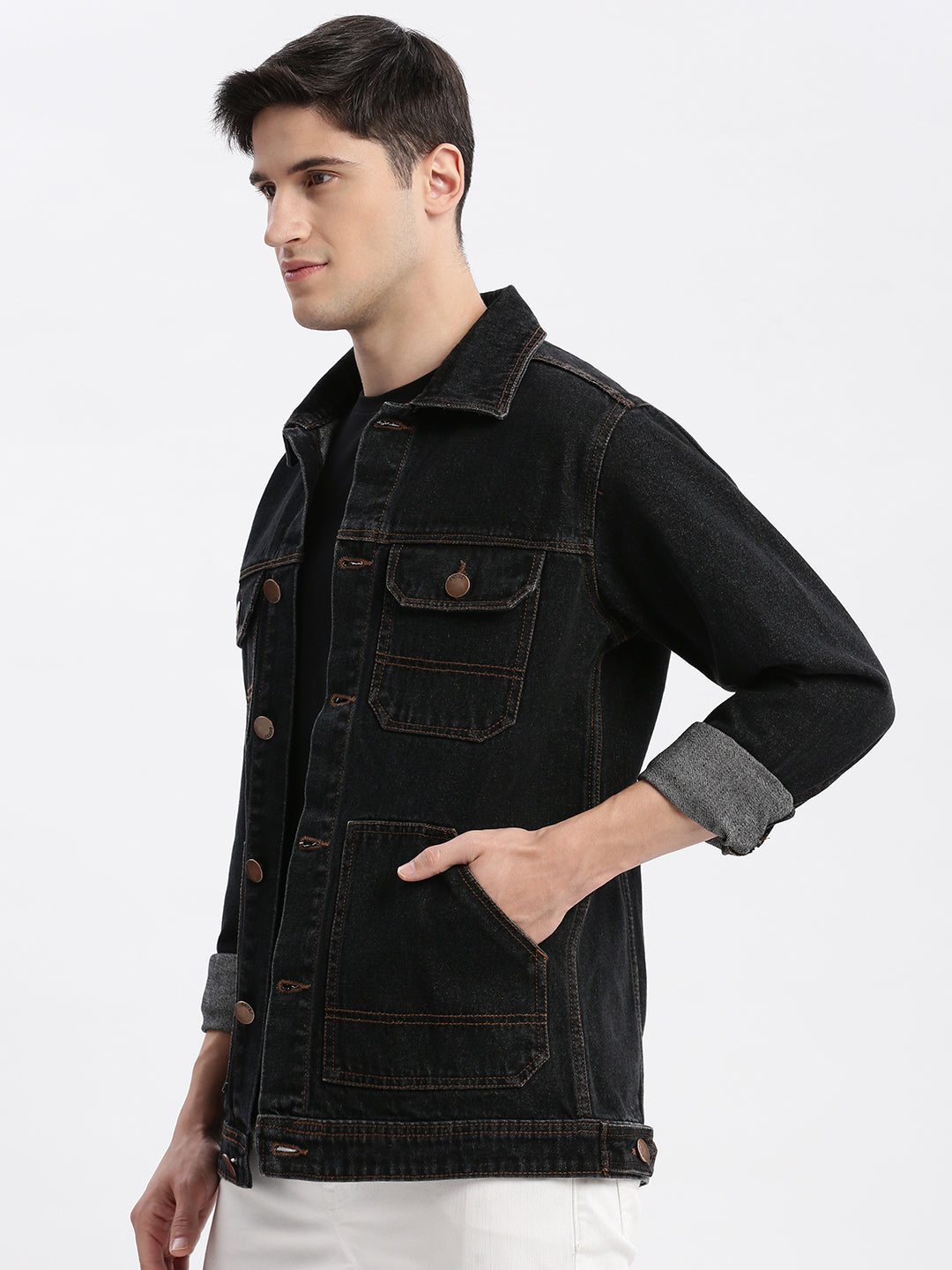 Men Solid Spread Collar Black Denim Jacket