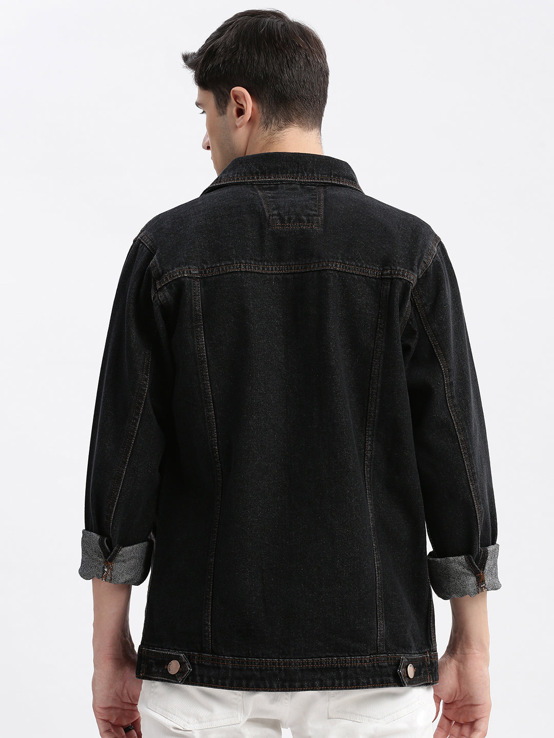 Men Solid Spread Collar Black Denim Jacket