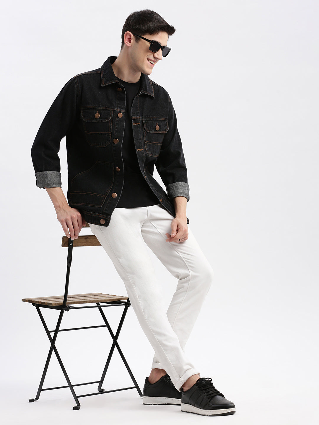 Men Solid Spread Collar Black Denim Jacket