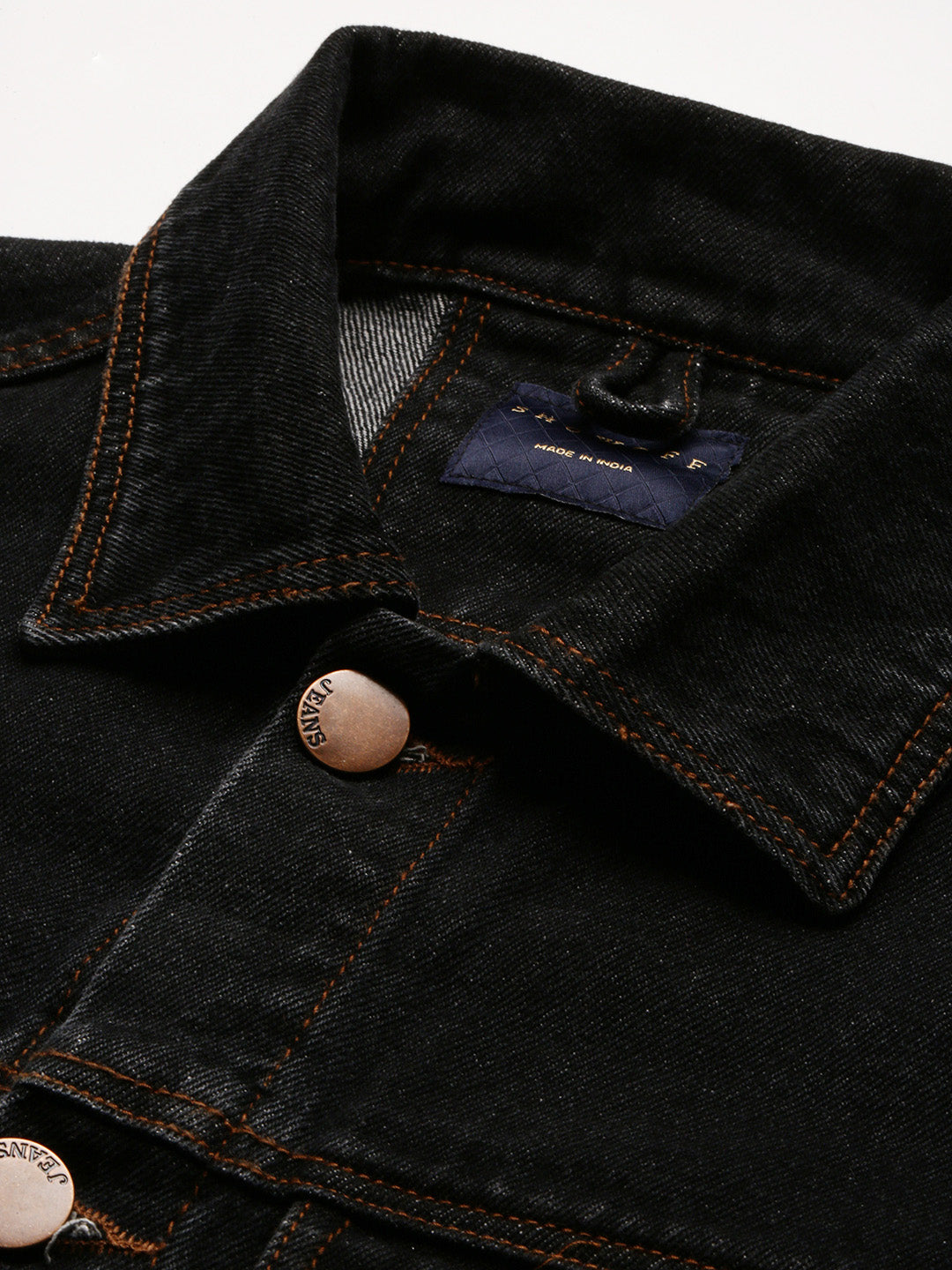 Men Solid Spread Collar Black Denim Jacket