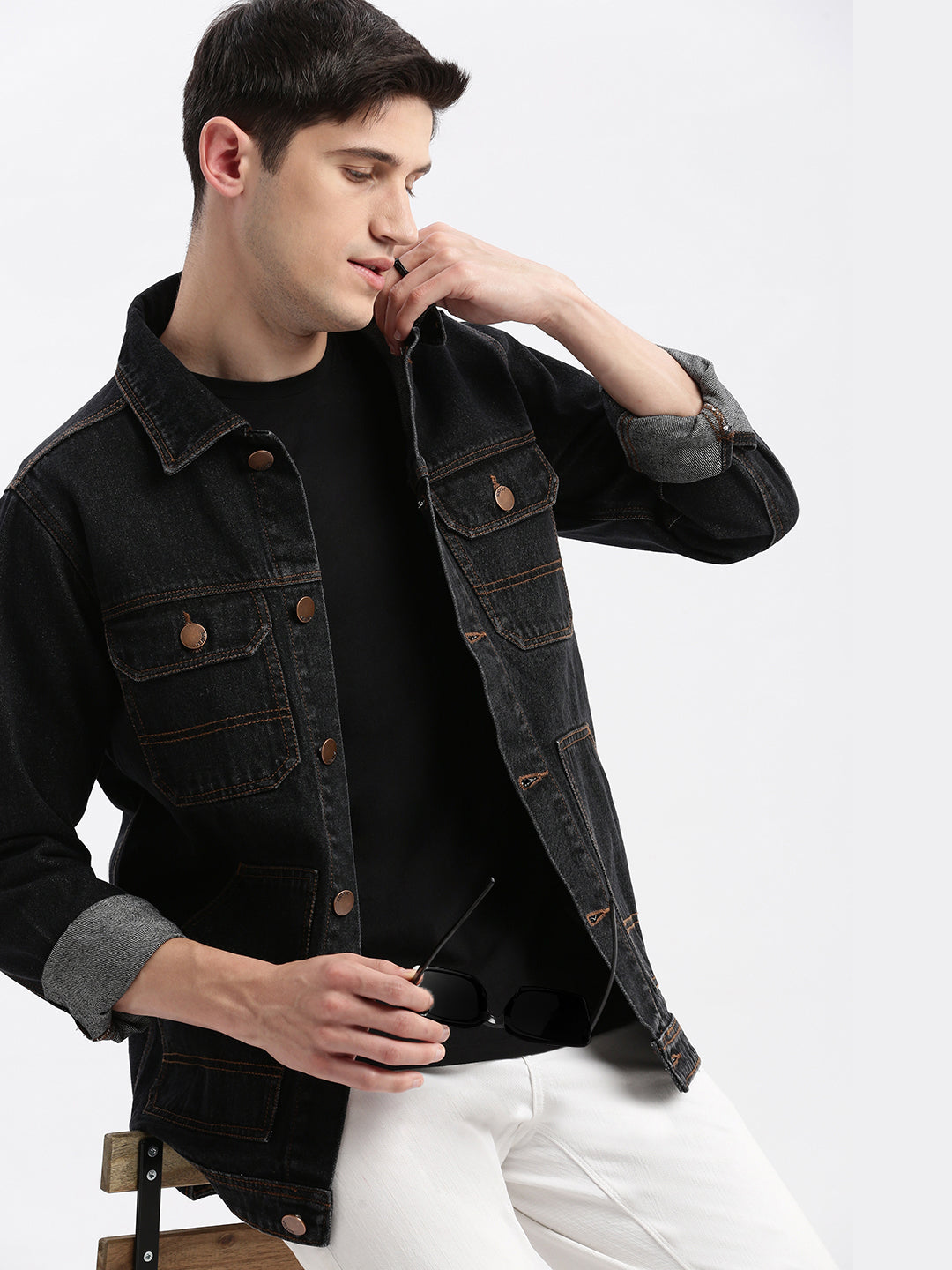 Men Solid Spread Collar Black Denim Jacket