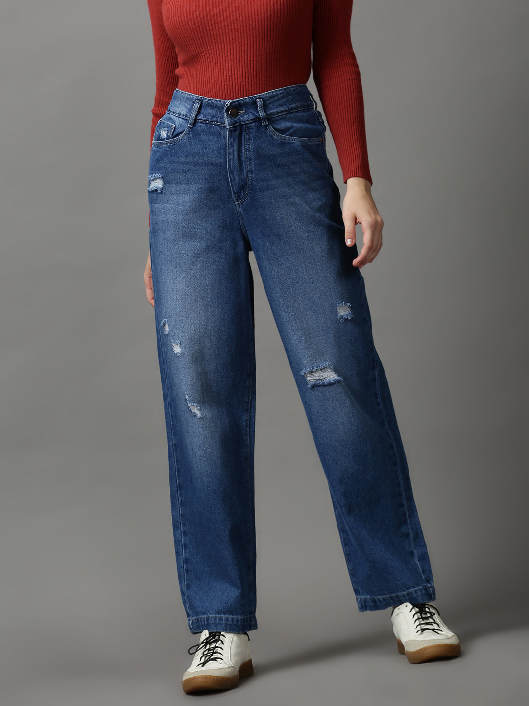 Women Solid Blue Straight Fit Denim Jeans