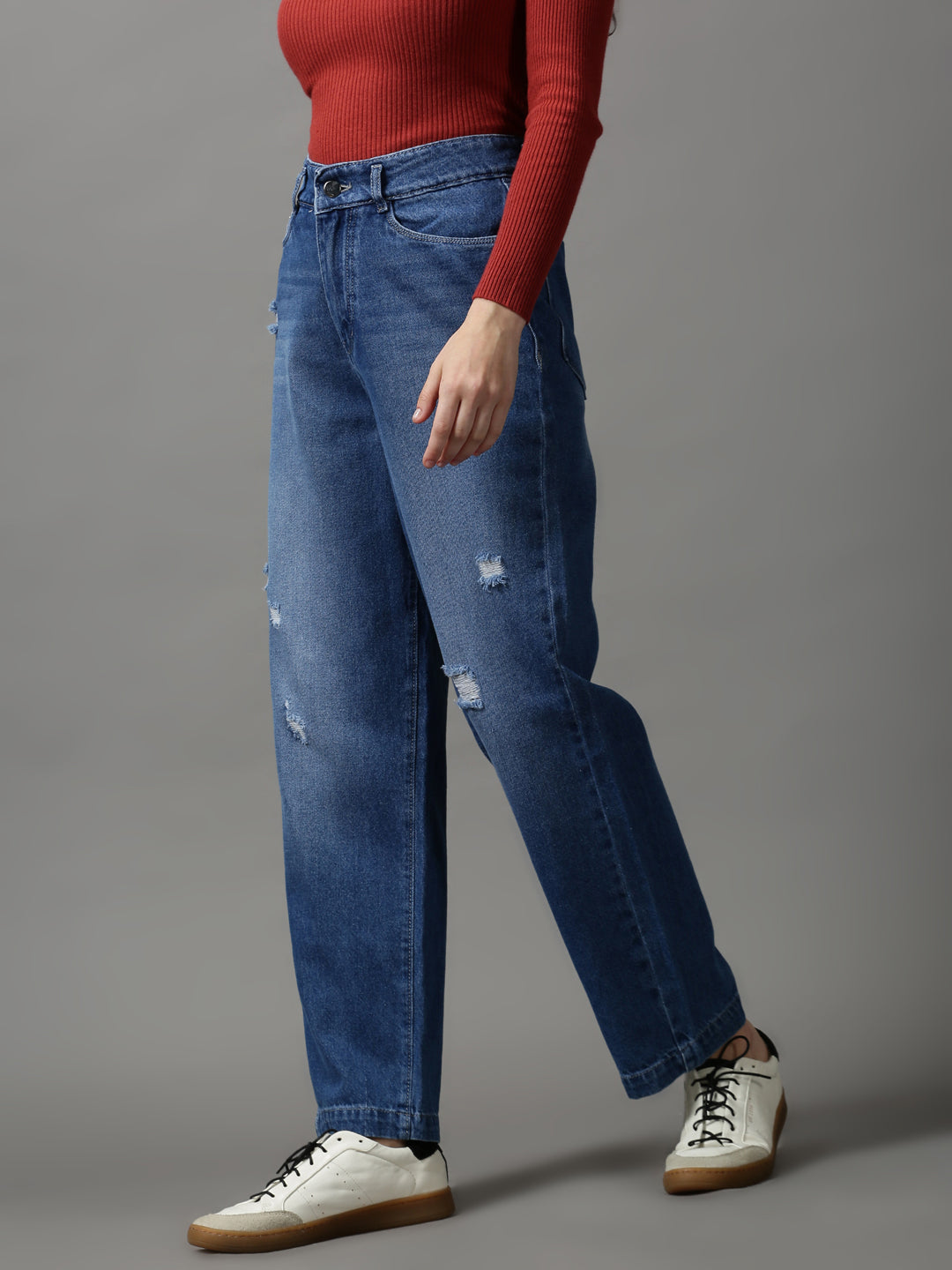 Women Solid Blue Straight Fit Denim Jeans