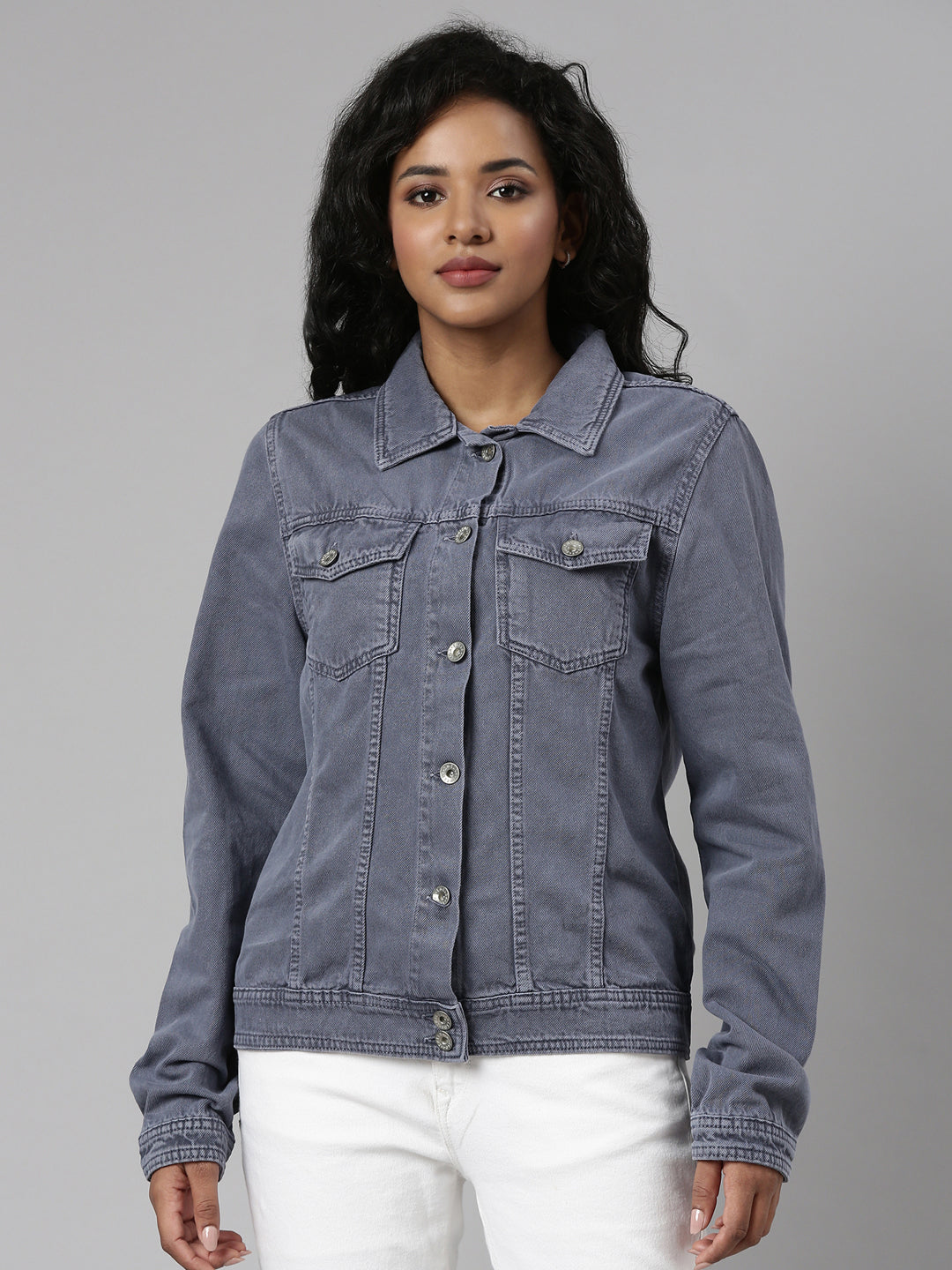 Women Grey Solid Denim Jacket