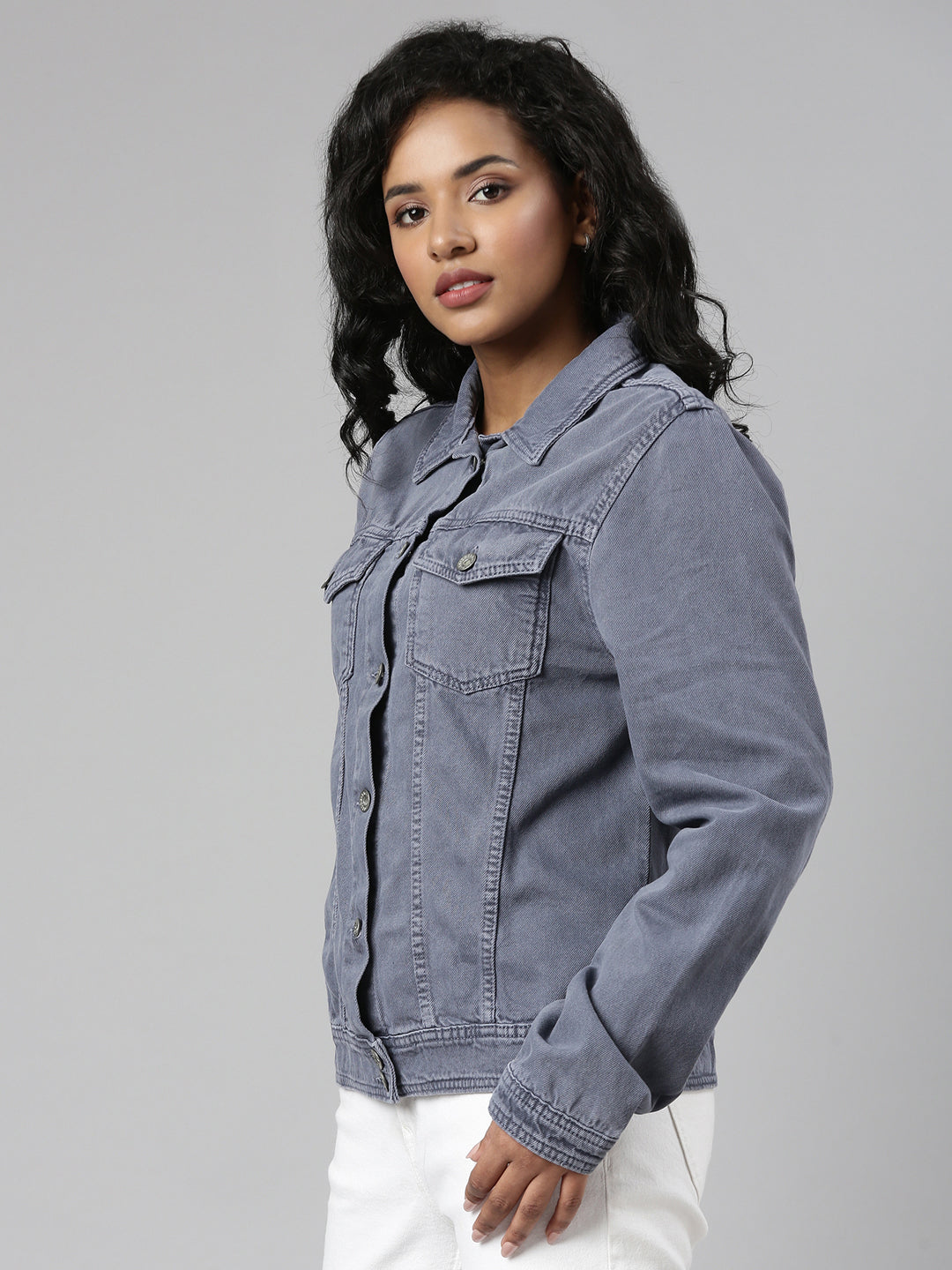 Women Grey Solid Denim Jacket