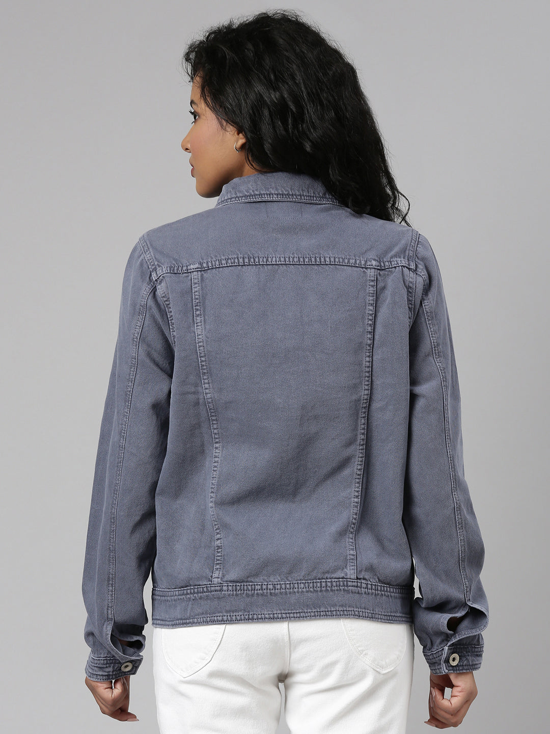 Women Grey Solid Denim Jacket