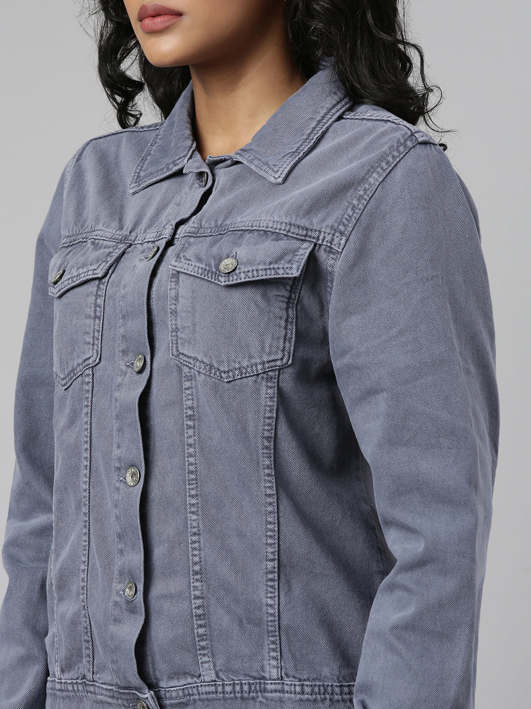 Women Grey Solid Denim Jacket