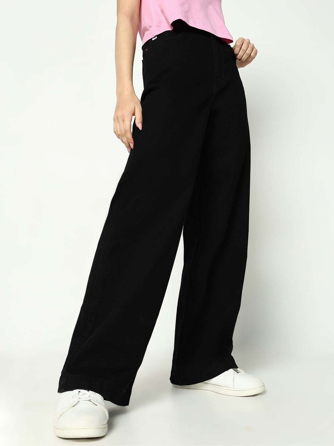 Women Solid Black Wide Leg Jeans