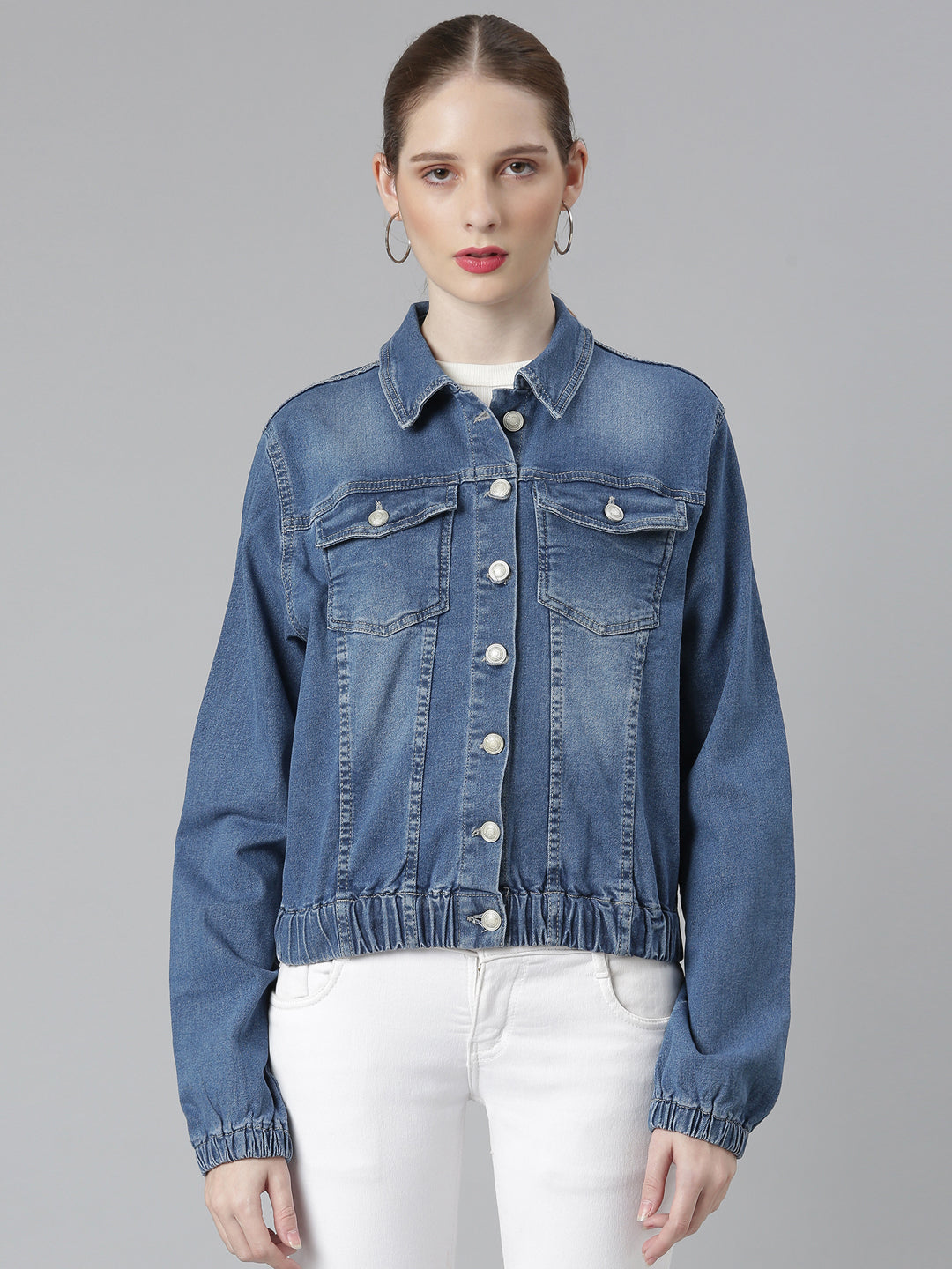 Women Blue Solid Denim Jacket