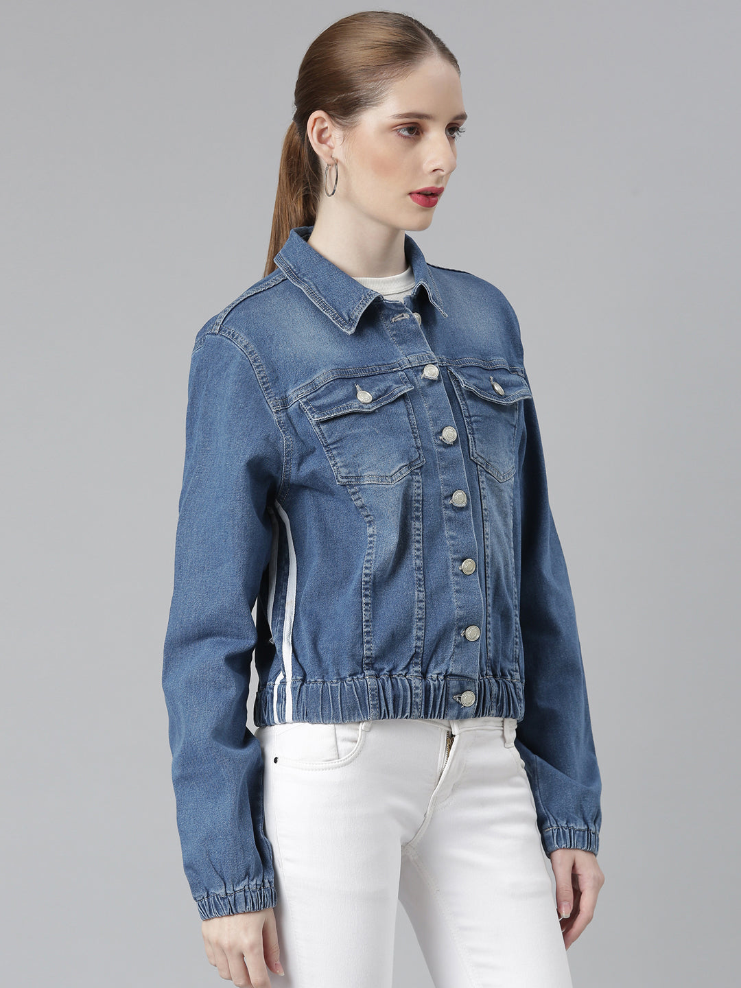 Women Blue Solid Denim Jacket