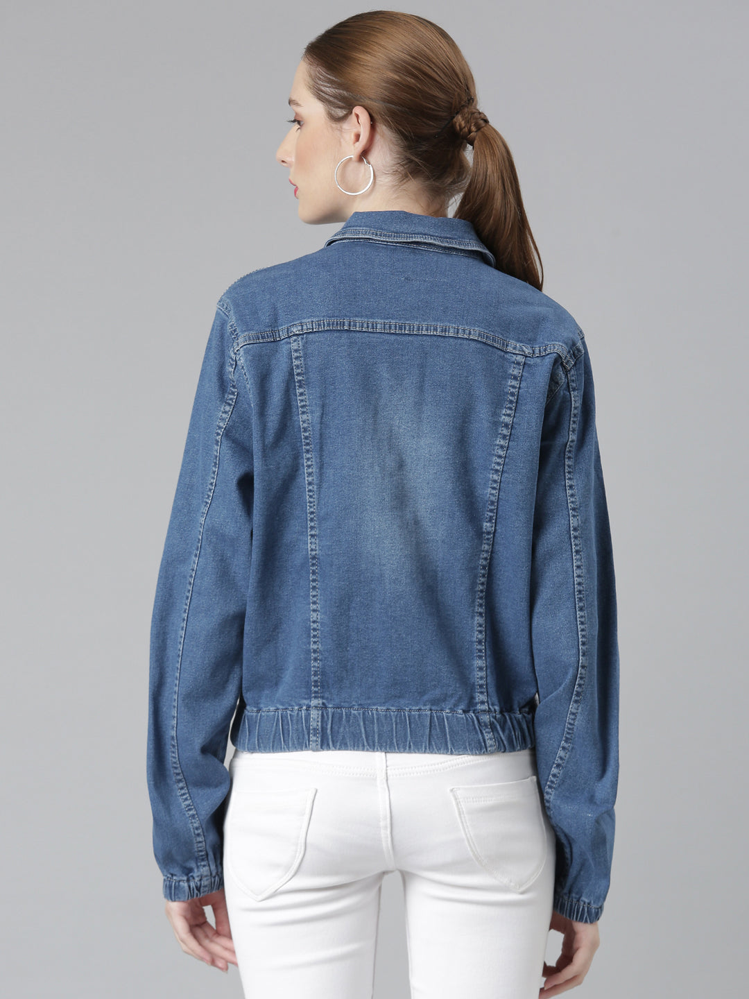 Women Blue Solid Denim Jacket