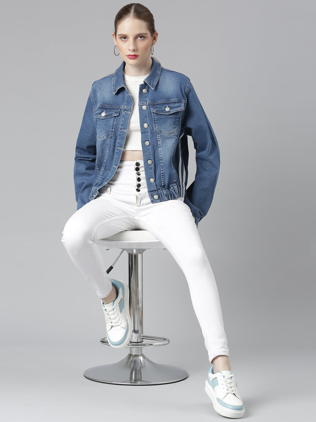 Women Blue Solid Denim Jacket