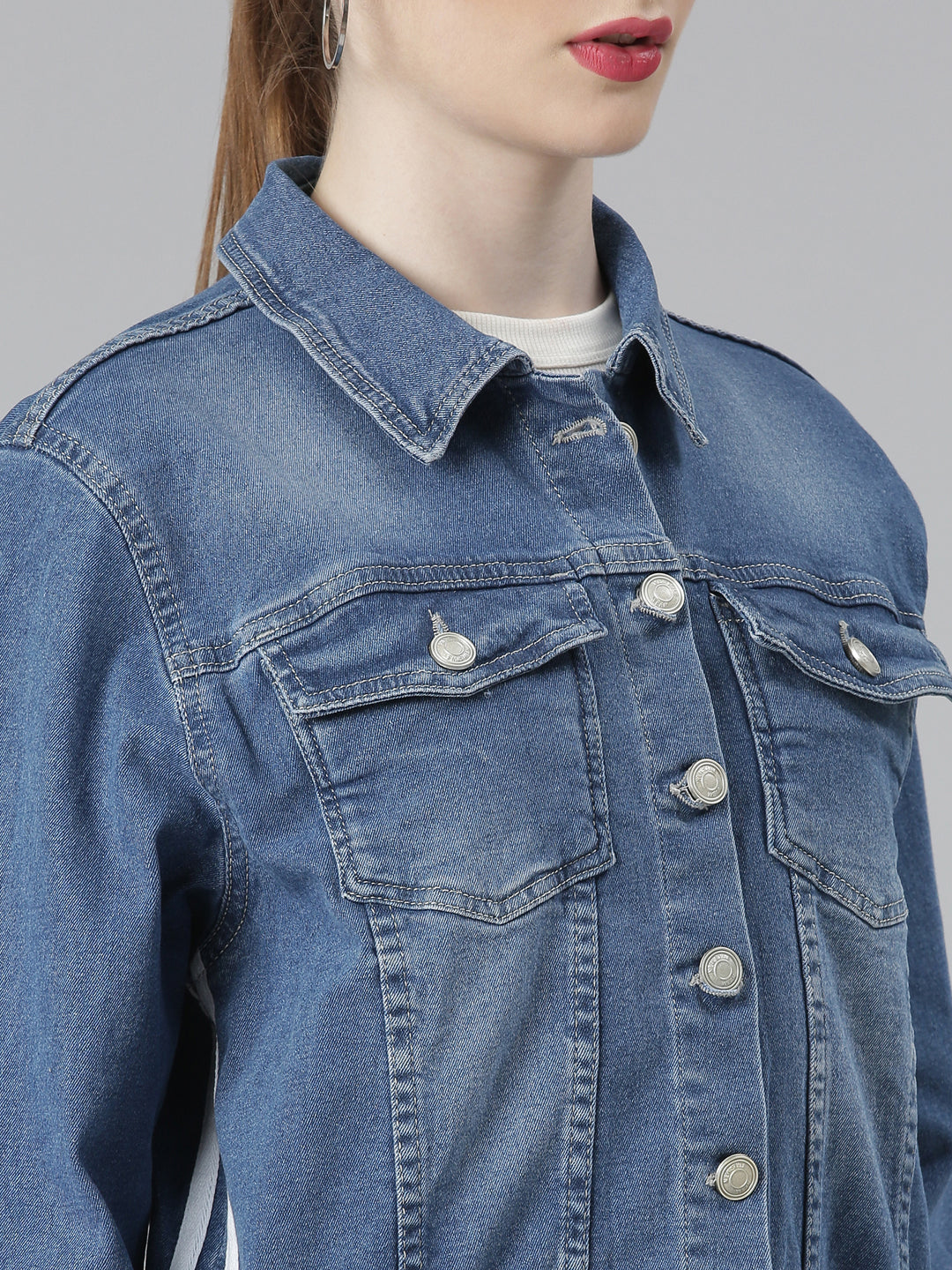 Women Blue Solid Denim Jacket