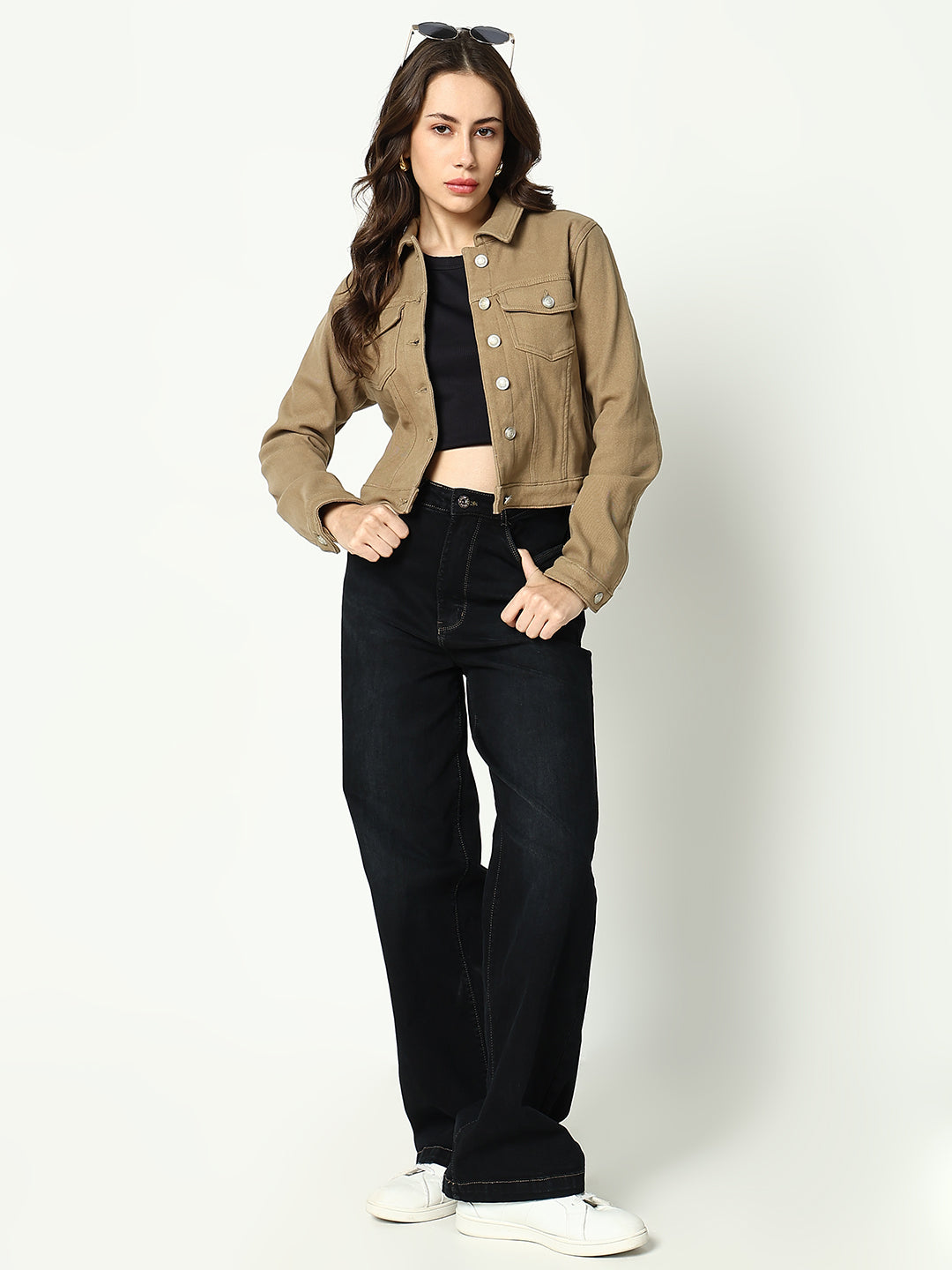 Buy Women's Khaki Spread Collar Crop Denim Jacket Online Showoffff