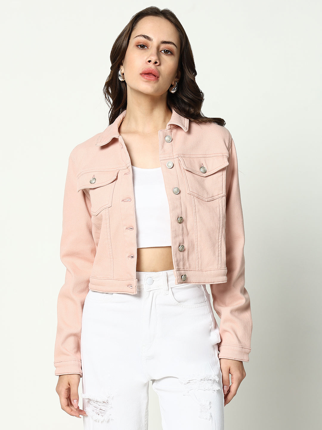 Women's Peach Solid Denim Jacket