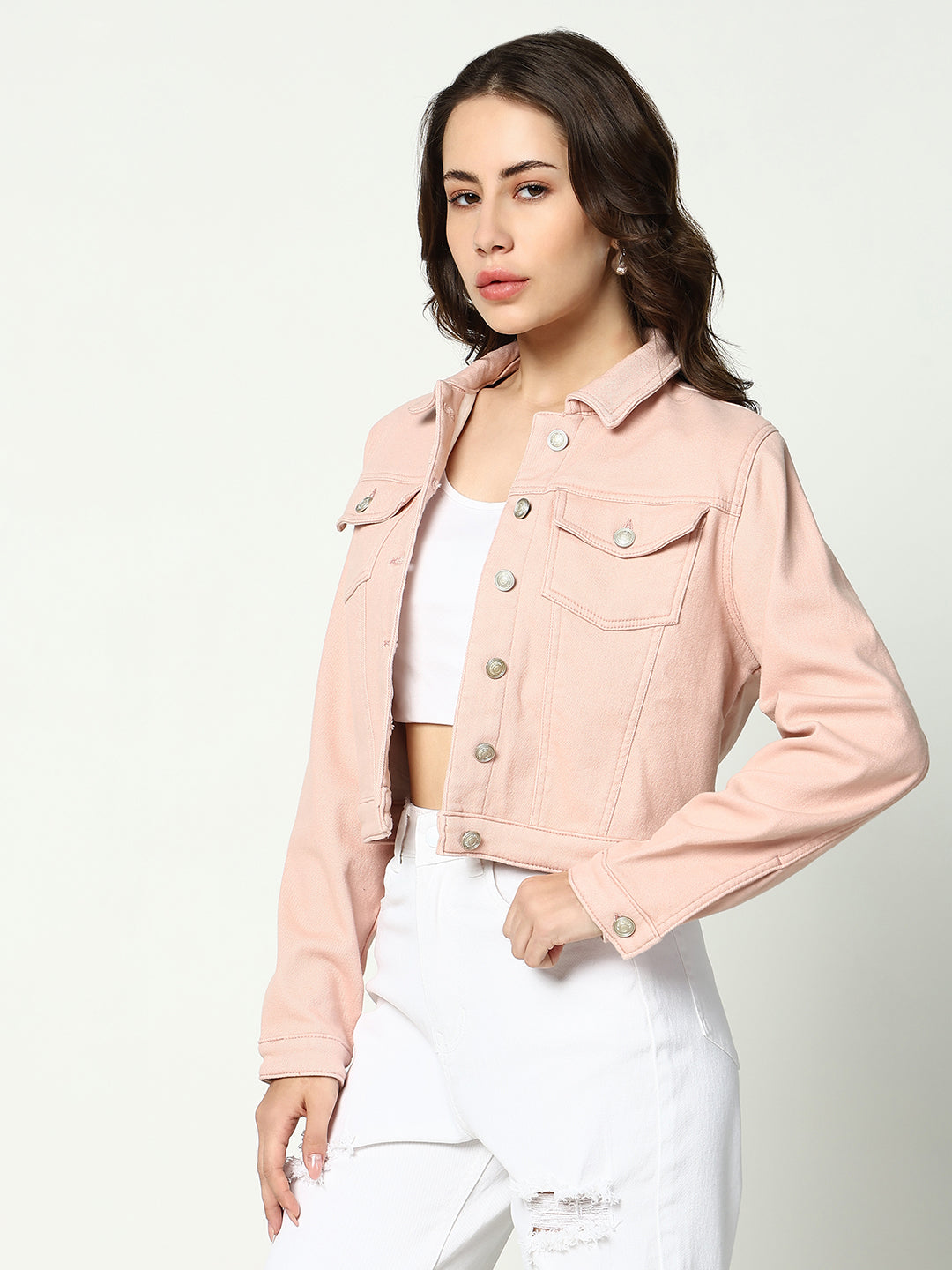 Women's Peach Solid Denim Jacket