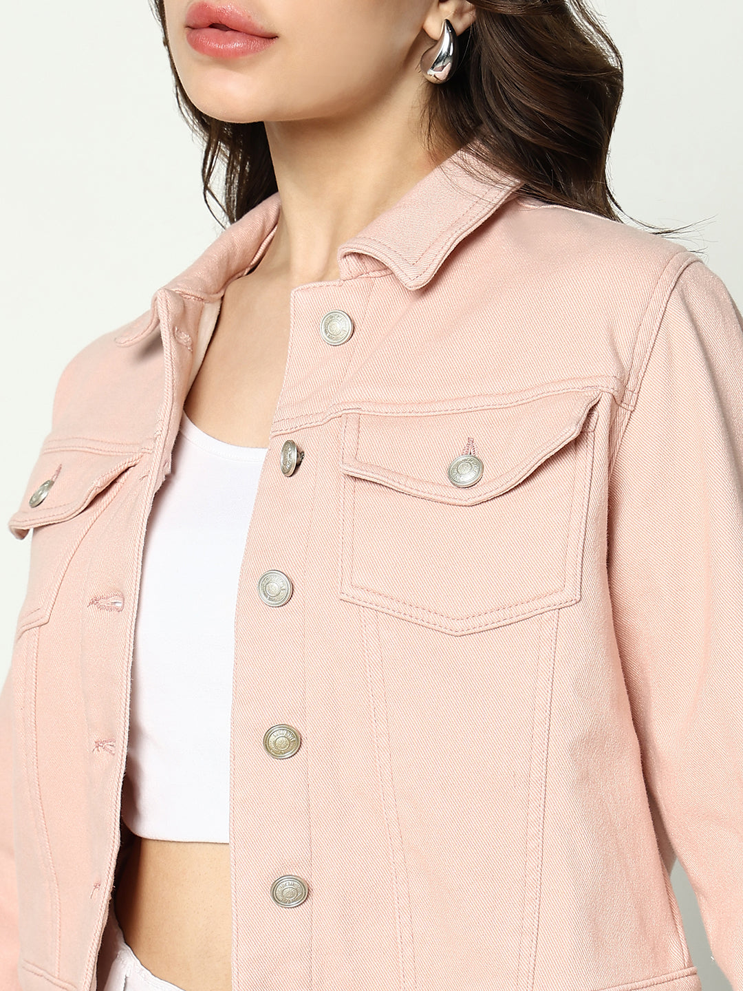 Women's Peach Solid Denim Jacket