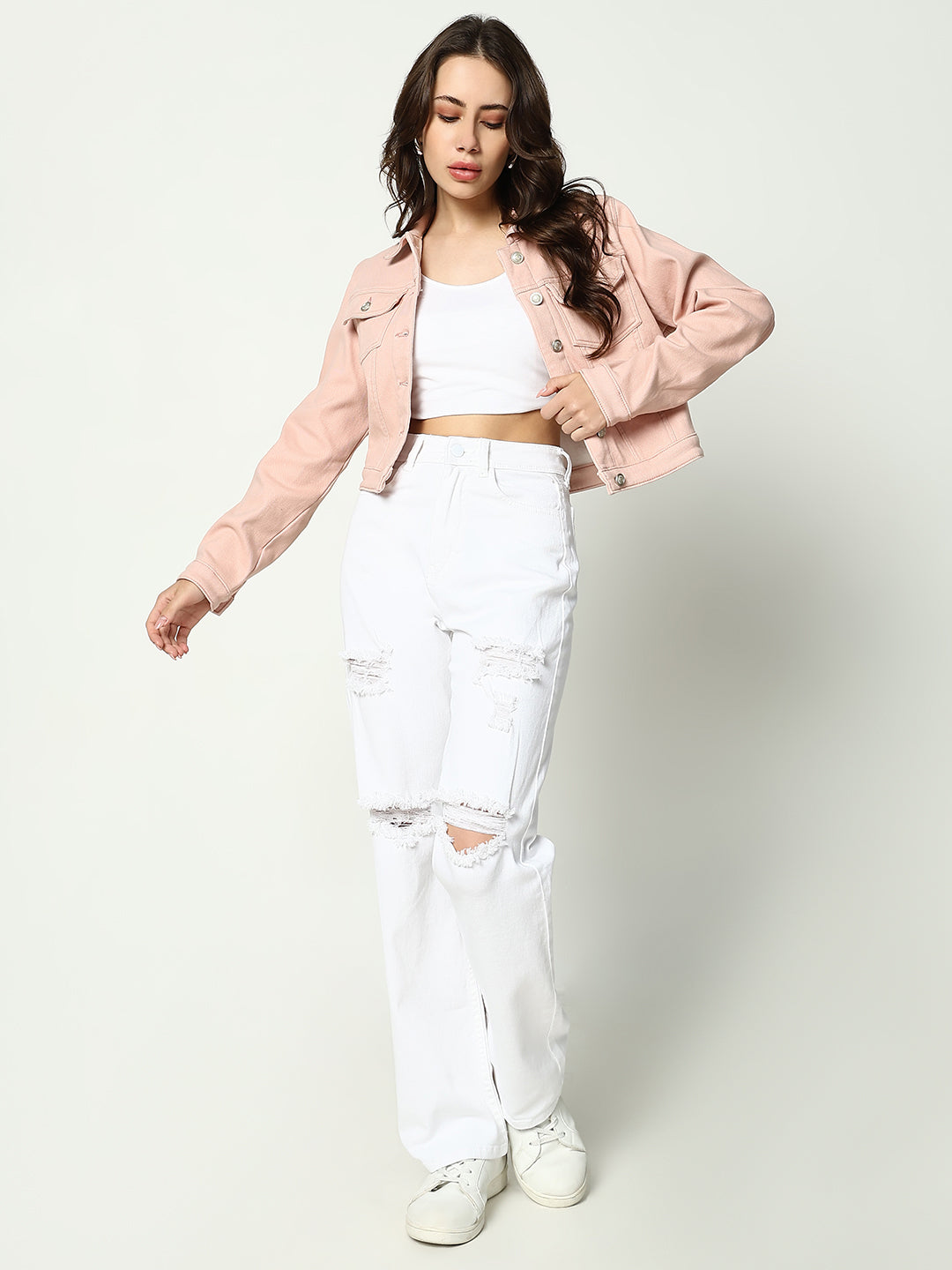 Women's Peach Solid Denim Jacket